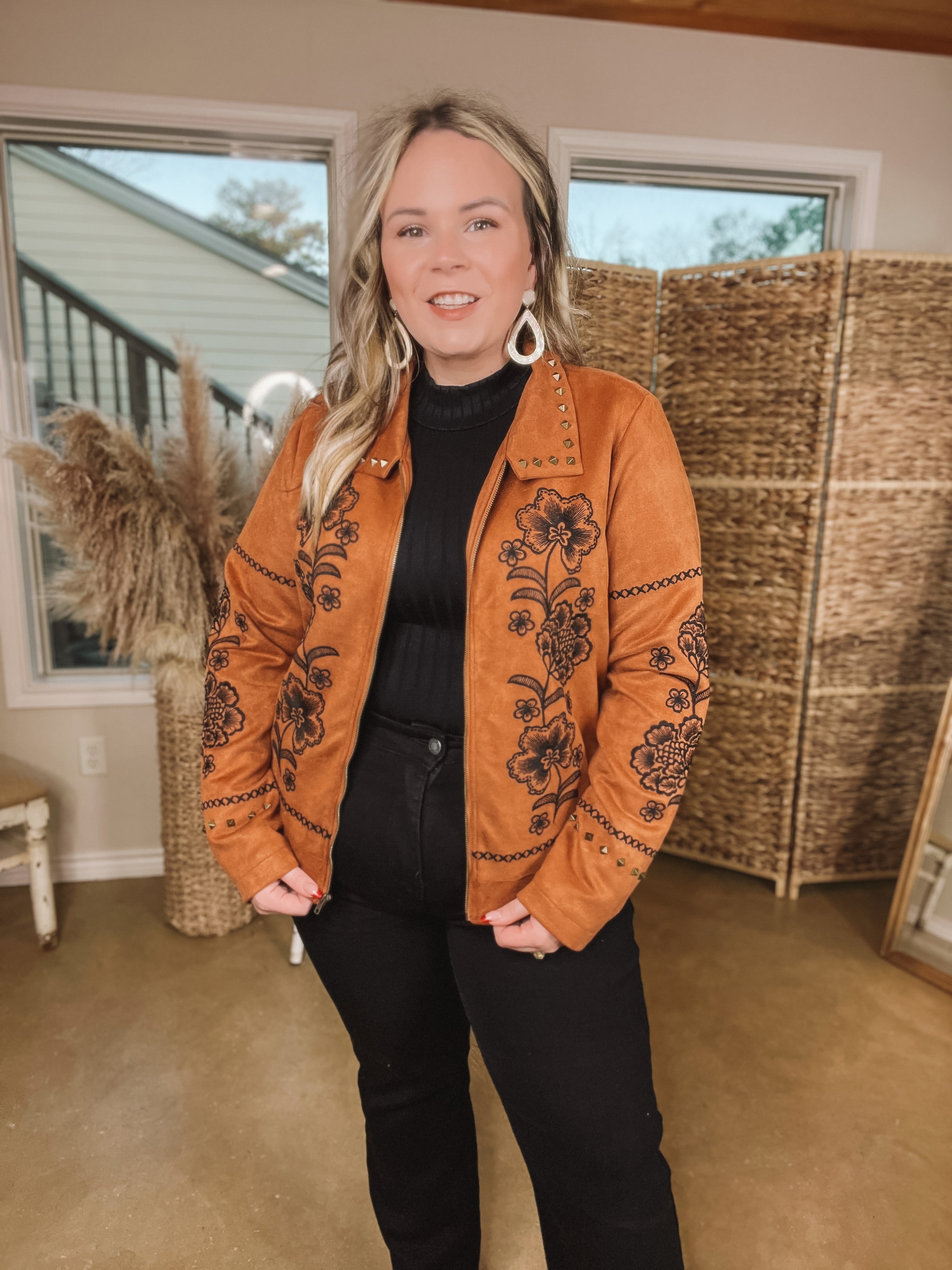 Downtown Elegance Floral Embroidered Suede Jacket with Studded Collar in Brown - Giddy Up Glamour Boutique