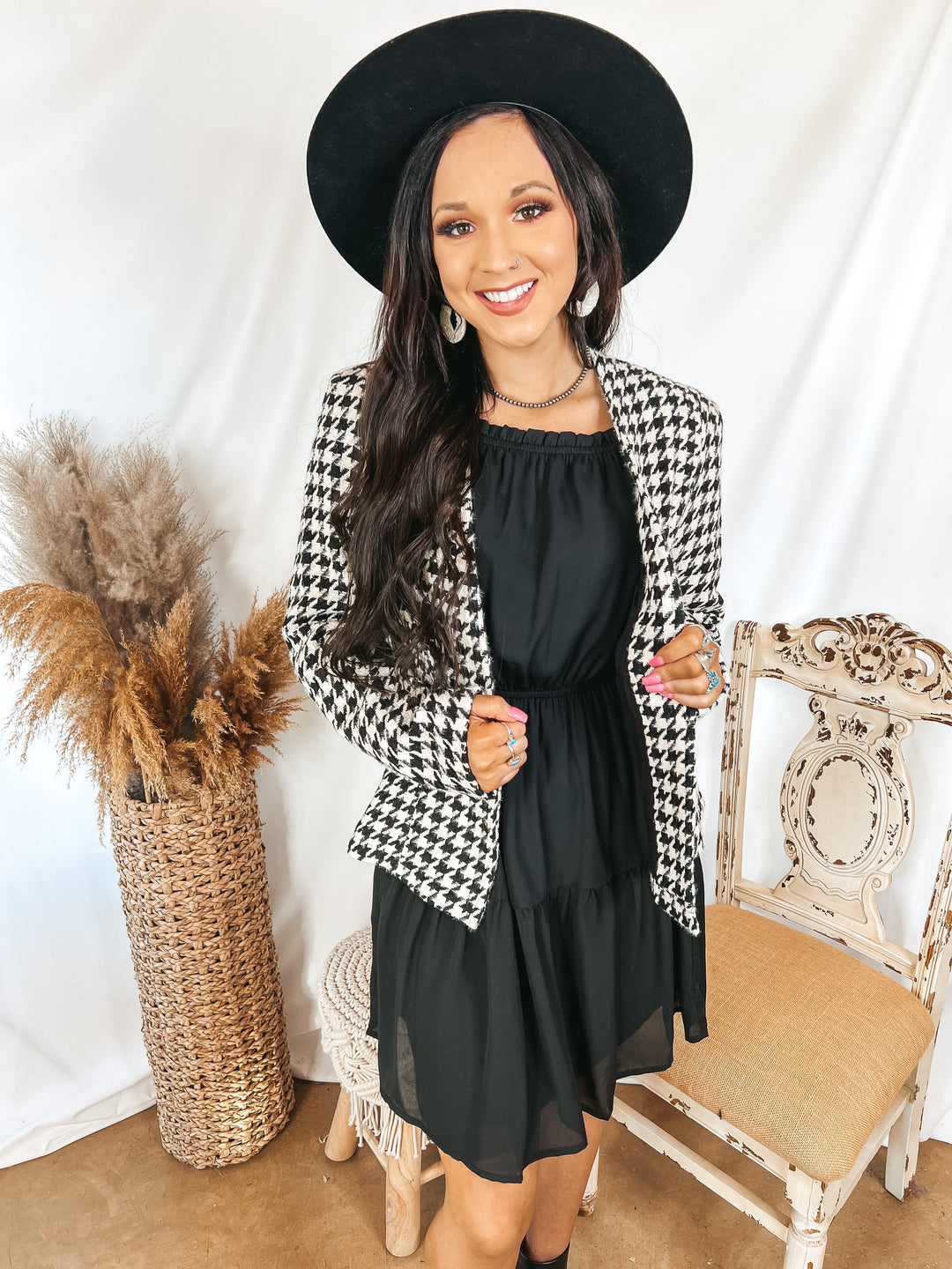 Busy In the City Houndstooth Tweed Blazer in Ivory and Black - Giddy Up Glamour Boutique