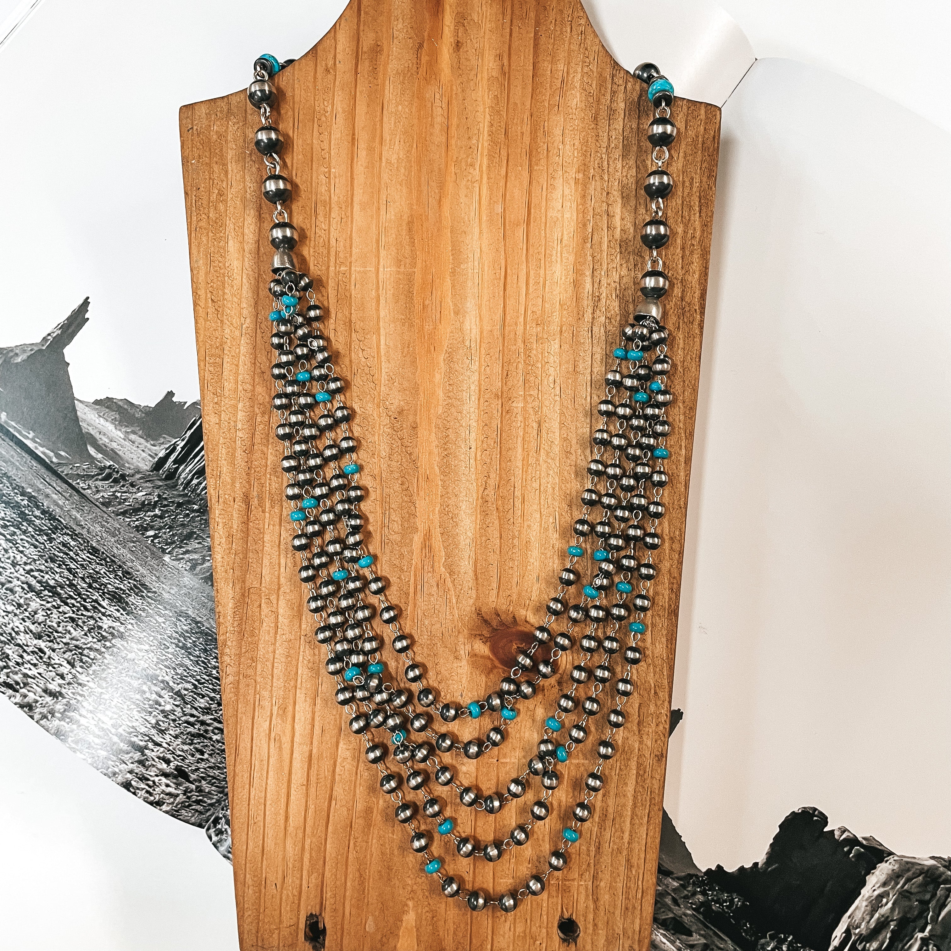 Navajo | Navajo Handmade Sterling Silver 6mm Multi Strands on 10 mm Navajo Pearl Necklace with Turquoise Beads - Giddy Up Glamour Boutique