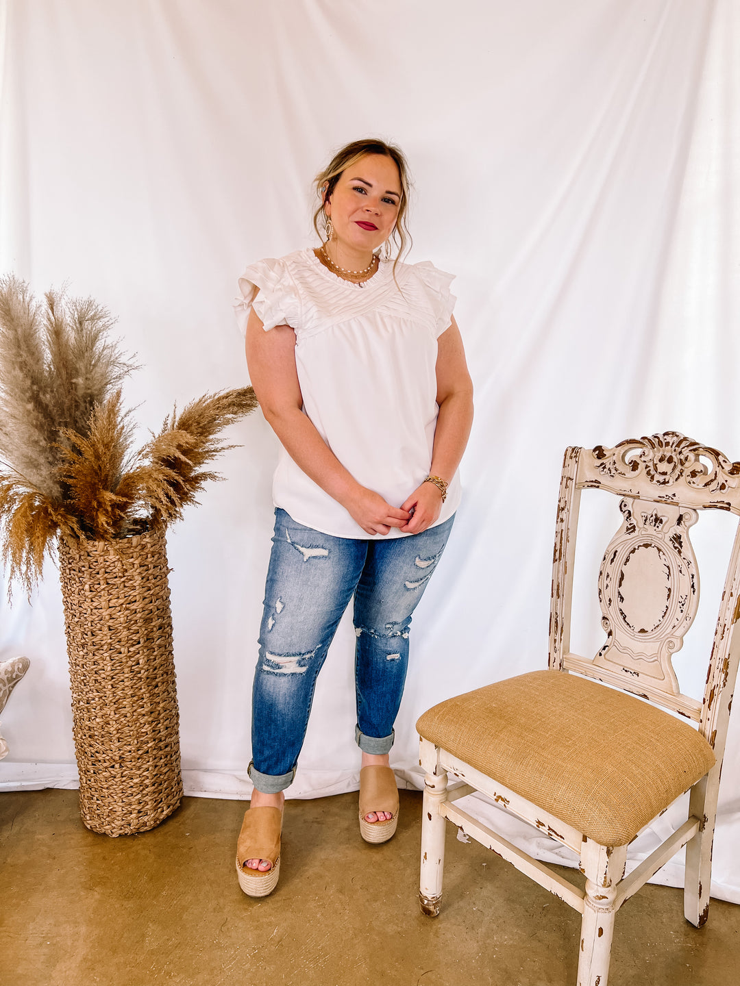 Expect The Best Pleated Upper Blouse with Ruffle Cap Sleeves in White - Giddy Up Glamour Boutique