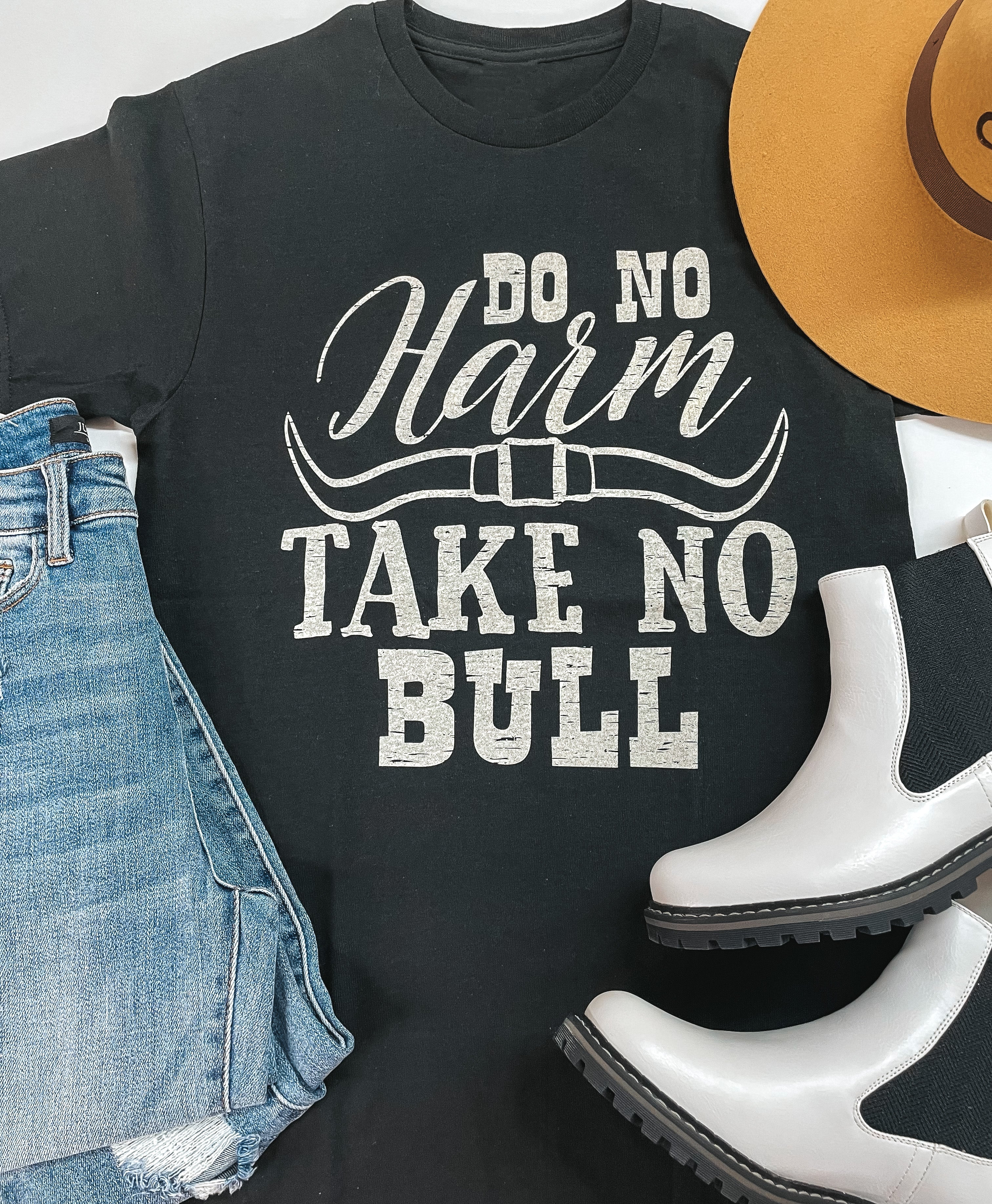 Do No Harm Take No Bull Short Sleeve Graphic Tee in Black - Giddy Up Glamour Boutique