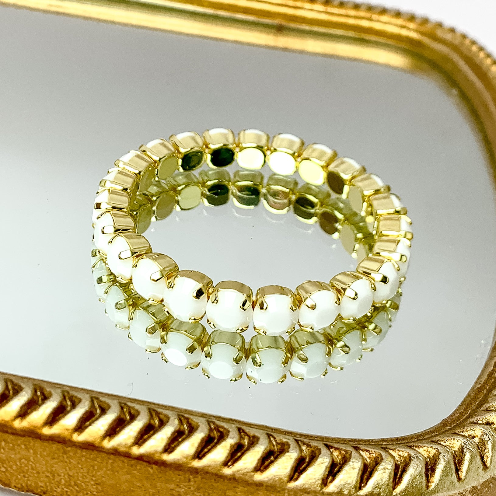 Sorrelli | Sienna Crystal Stretch Bracelet in Bright Gold Tone and White Alabaster Crystals - Giddy Up Glamour Boutique