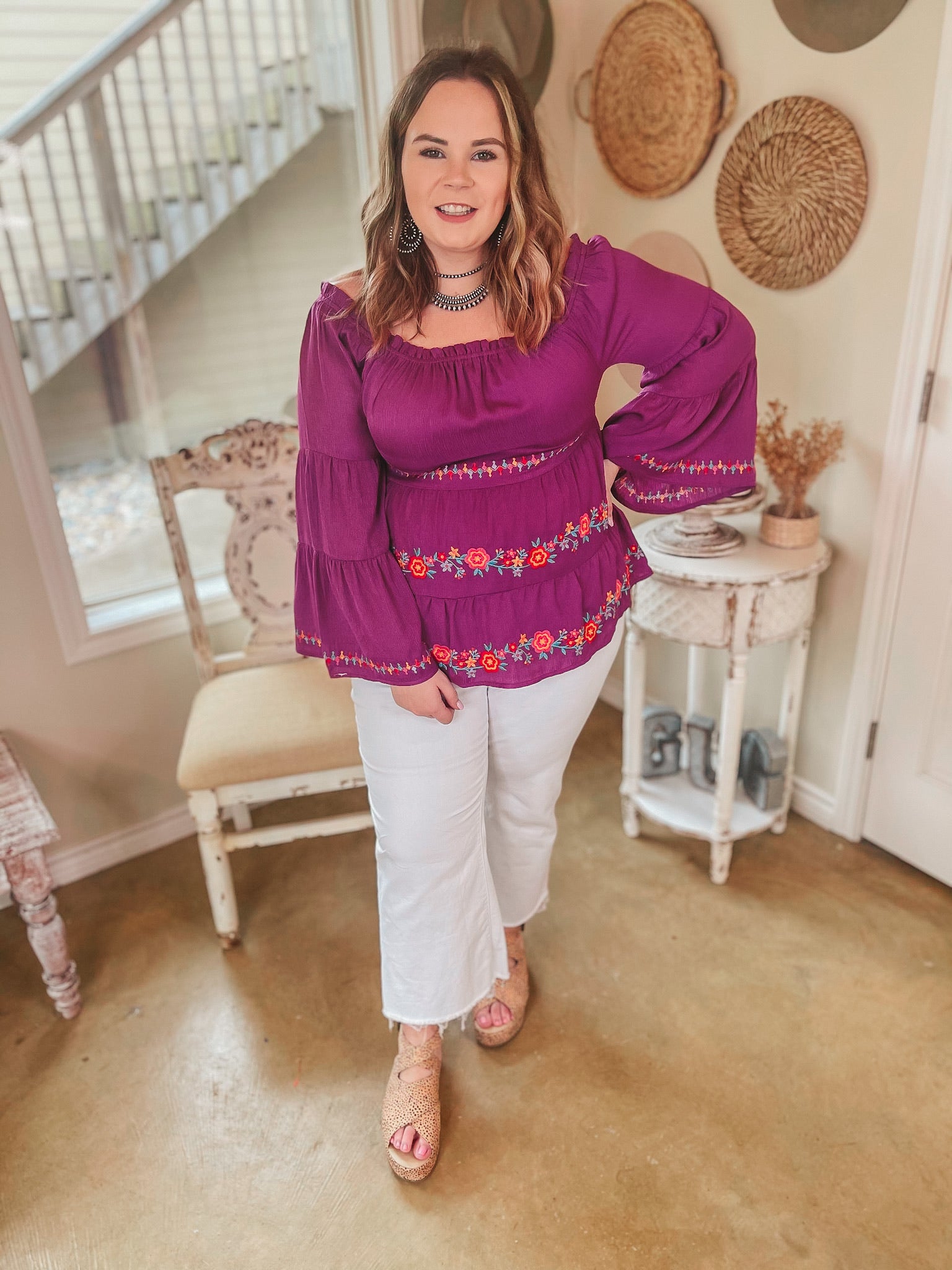 Your Moment Off the Shoulder Floral Embroidered Blouse in Magenta - Giddy Up Glamour Boutique
