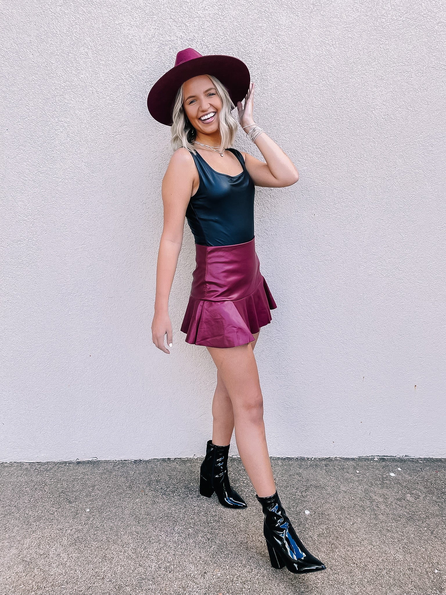 Dose of Dreamy Faux Leather Ruffle Mini Skort in Maroon - Giddy Up Glamour Boutique