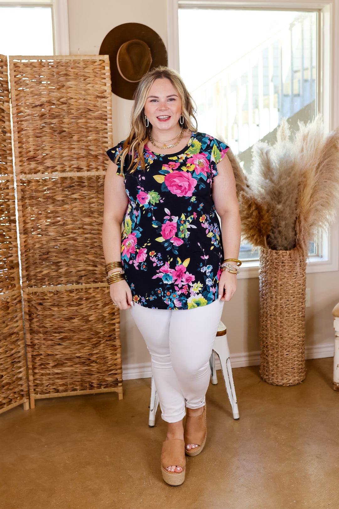 Dizzy with Desire Flutter Sleeve Floral Top in Navy - Giddy Up Glamour Boutique