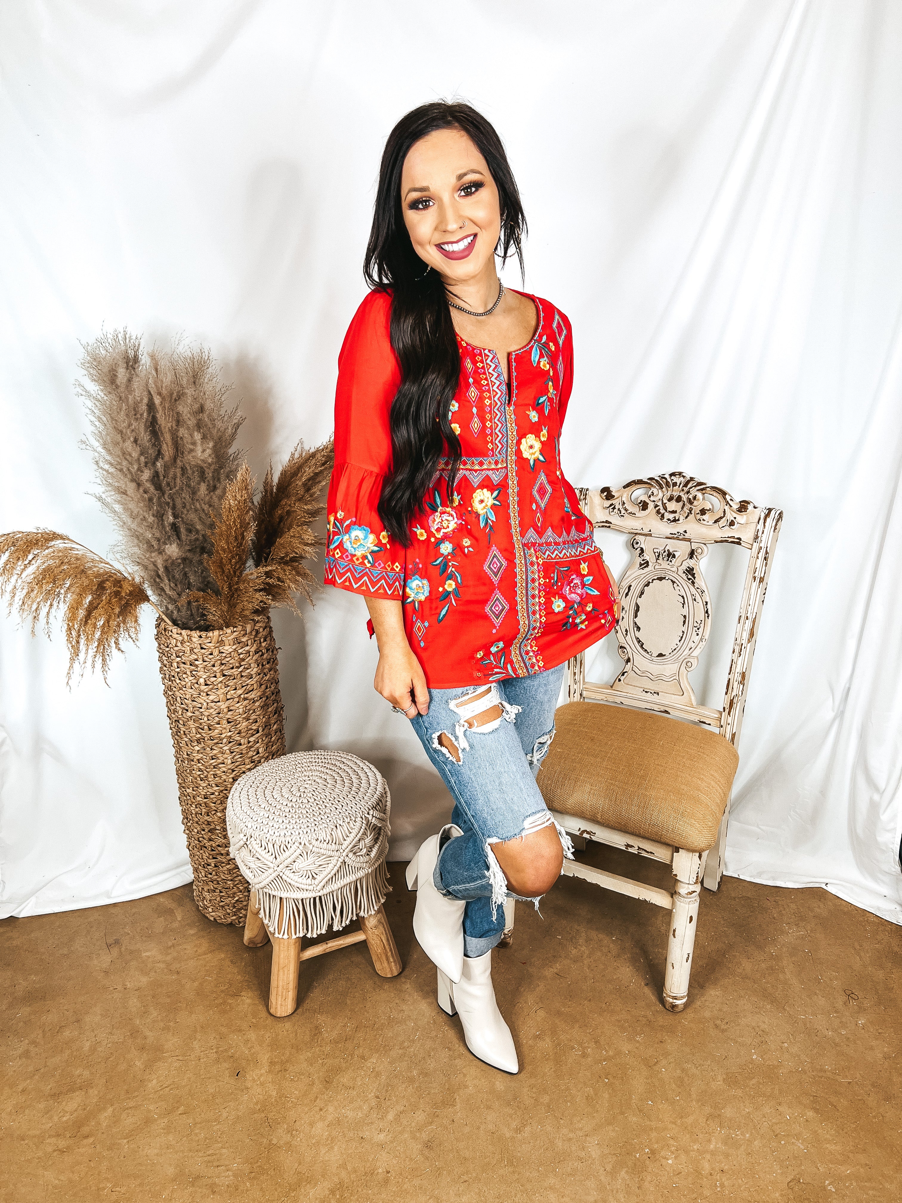 Light the Way 3/4 Sleeve Embroidered Top with Notched Neck in Red - Giddy Up Glamour Boutique