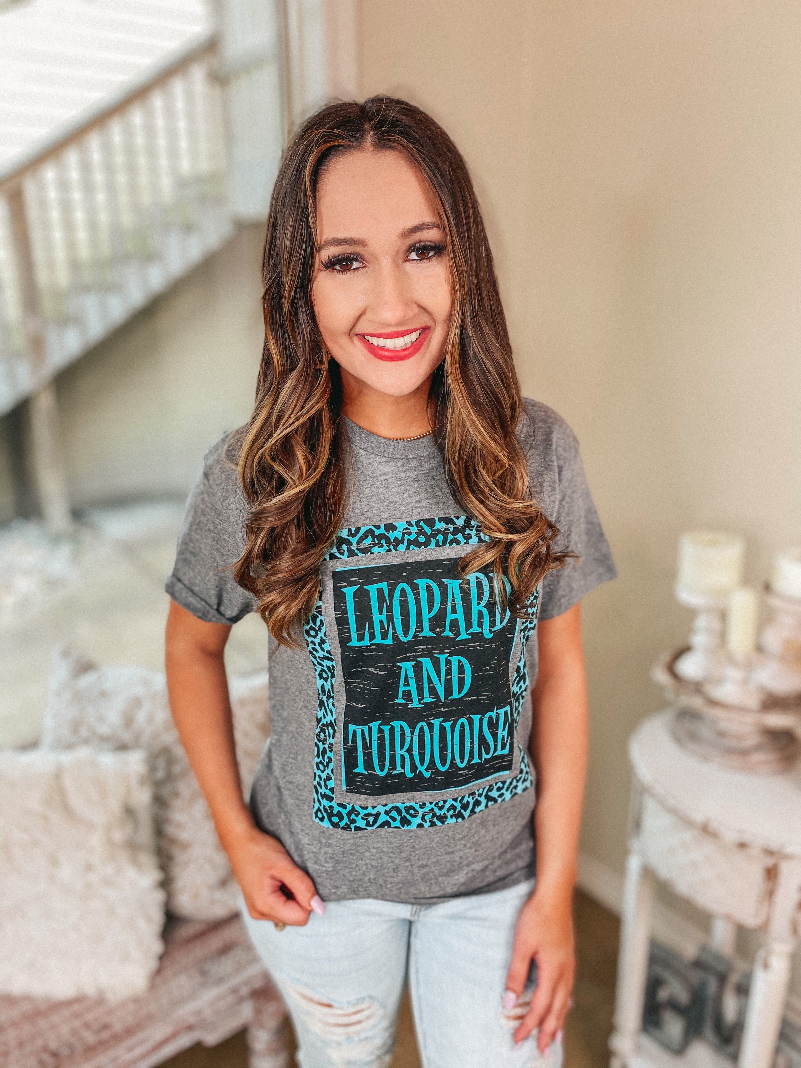Last Chance Size S, M, & XL | Leopard and Turquoise Short Sleeve Graphic Tee in Heather Grey - Giddy Up Glamour Boutique