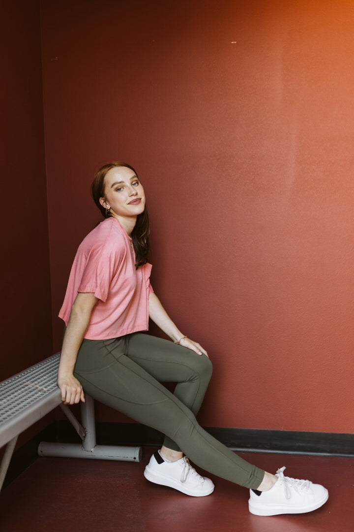 Work Hard Play Hard Short Sleeve Crop Pocket Tee in Coral - Giddy Up Glamour Boutique