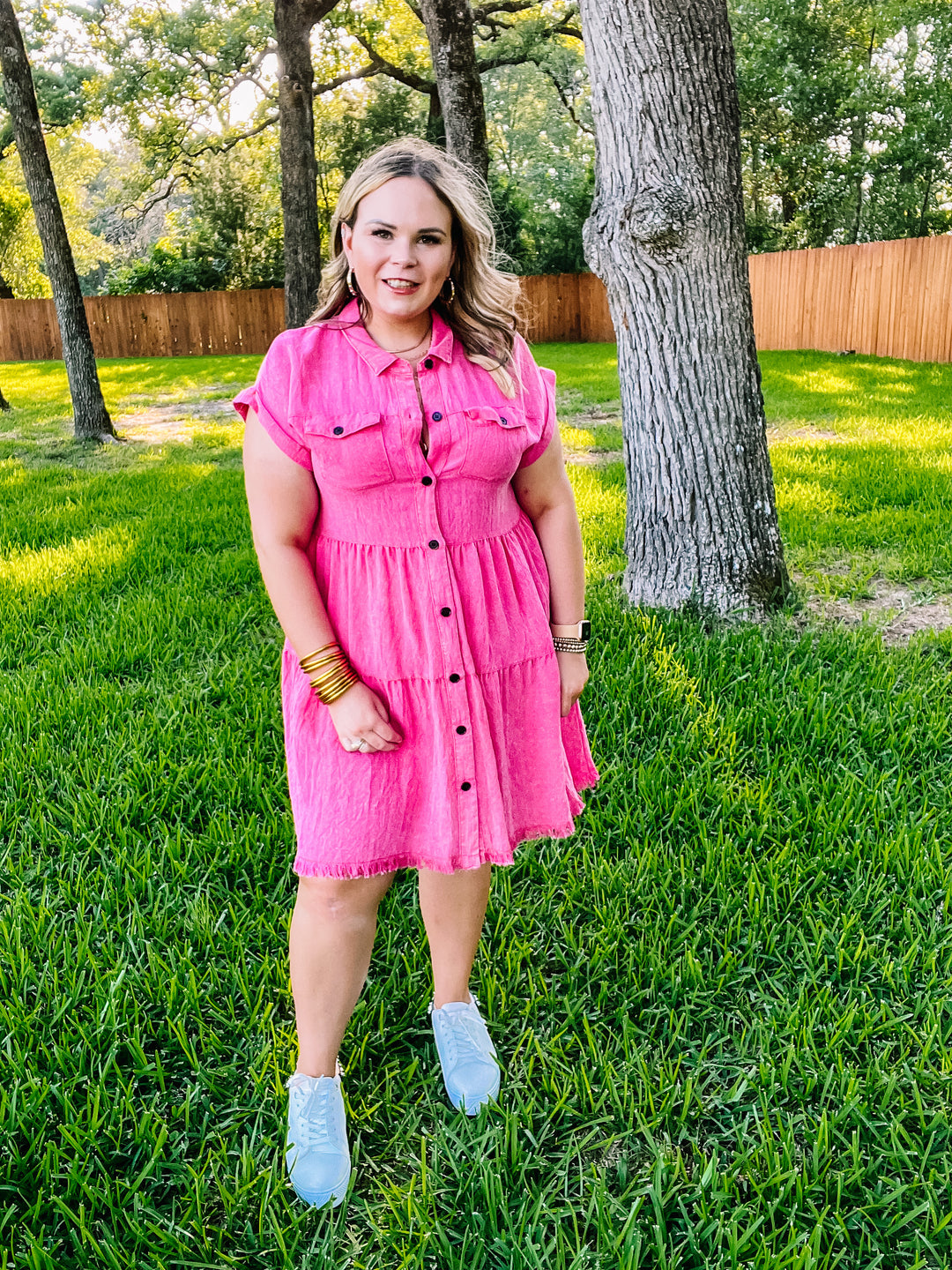 Oh Darling Ruffle Tiered Button Up Dress in Fuchsia Pink - Giddy Up Glamour Boutique
