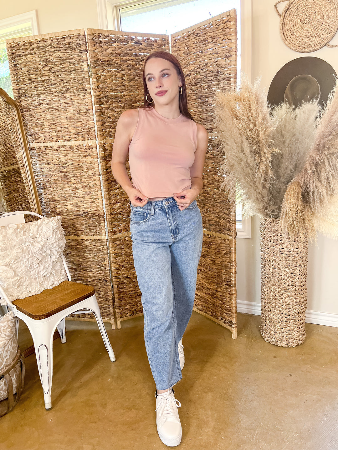 Chill Date High Cropped Muscle Tank Top in Pale Pink - Giddy Up Glamour Boutique