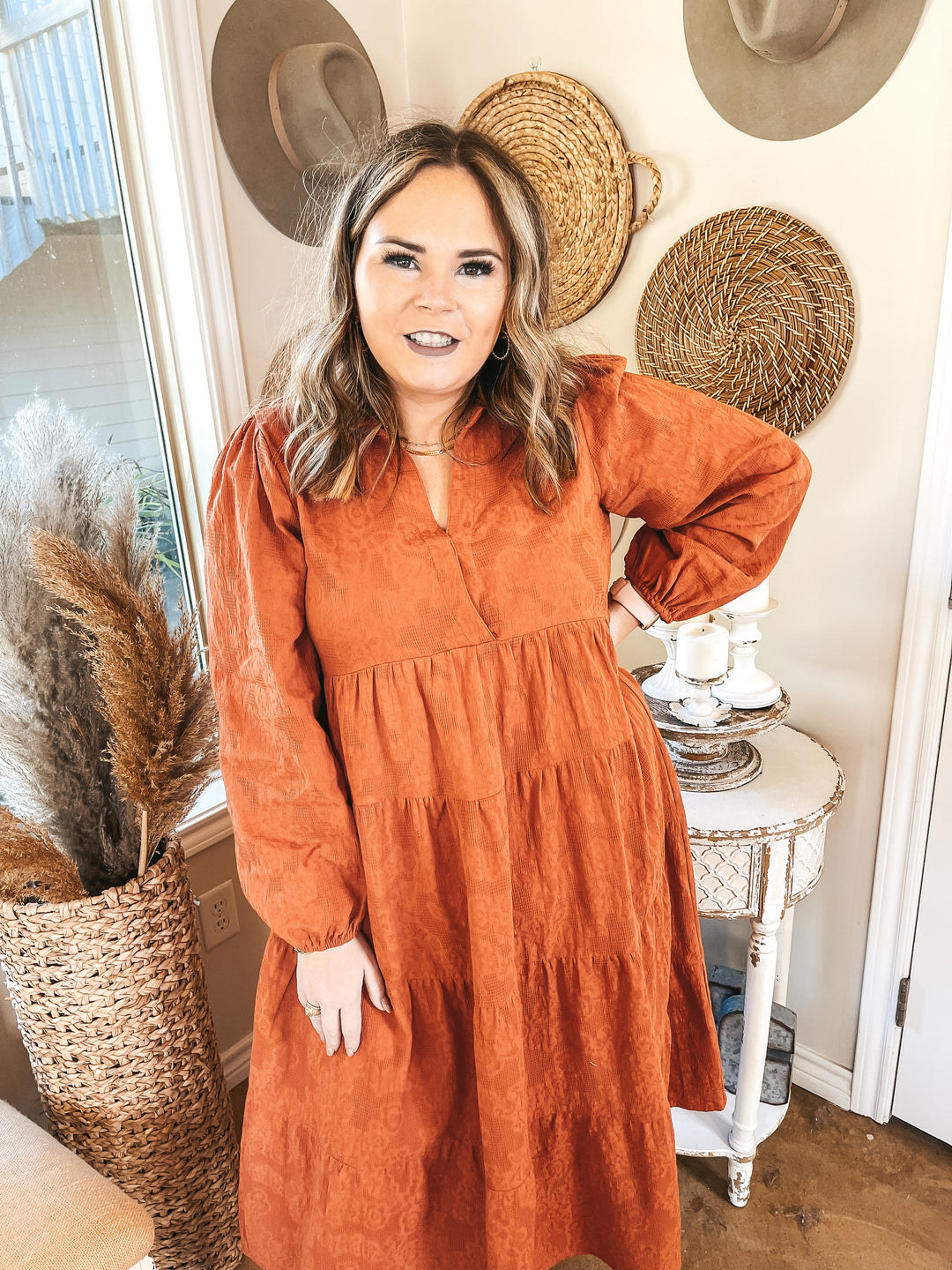 Sweet Glances Long Sleeve Tiered Midi Dress in Rust Orange - Giddy Up Glamour Boutique