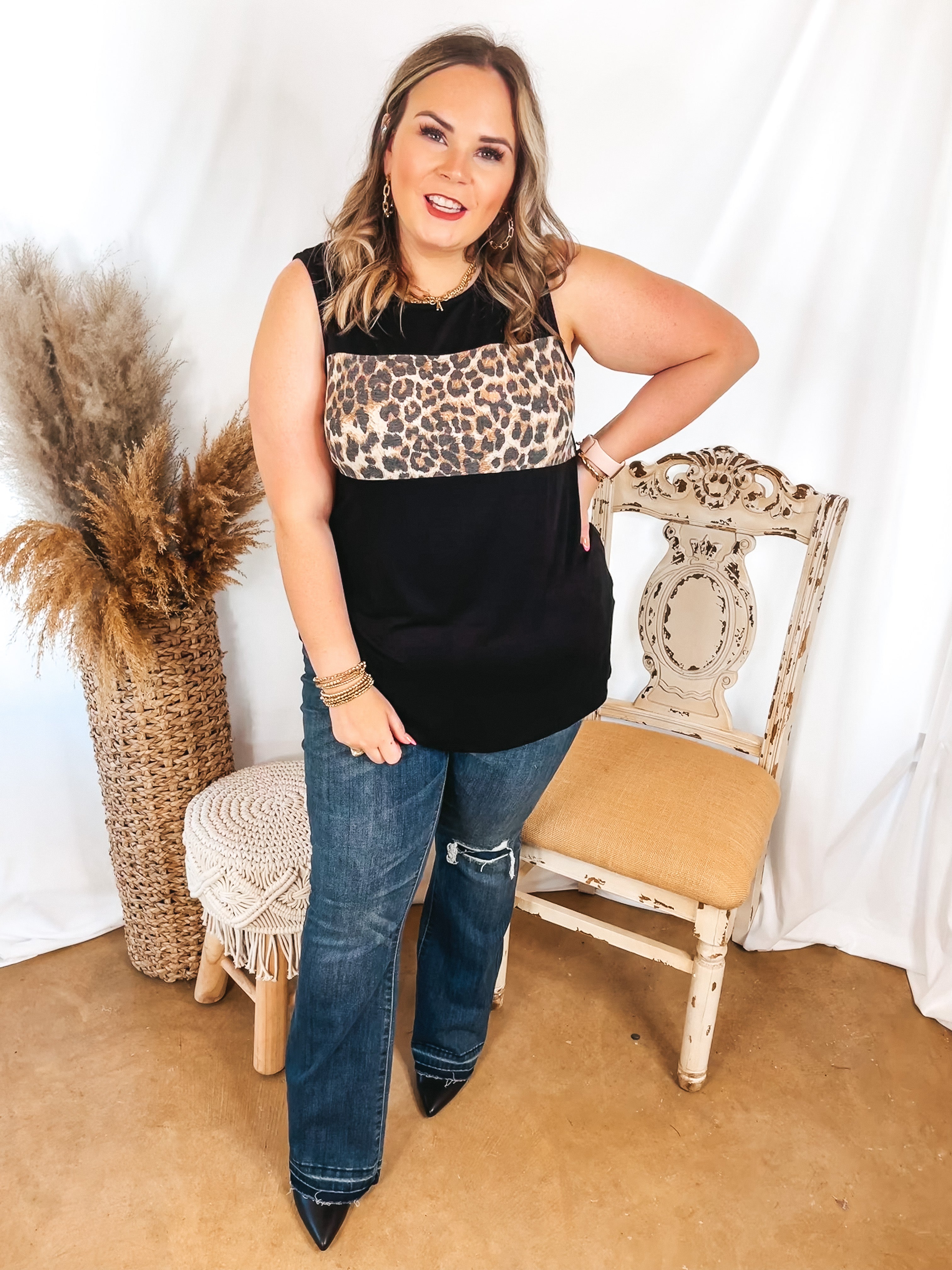 One Step Ahead Tank Top with Leopard Print Bust in Black - Giddy Up Glamour Boutique