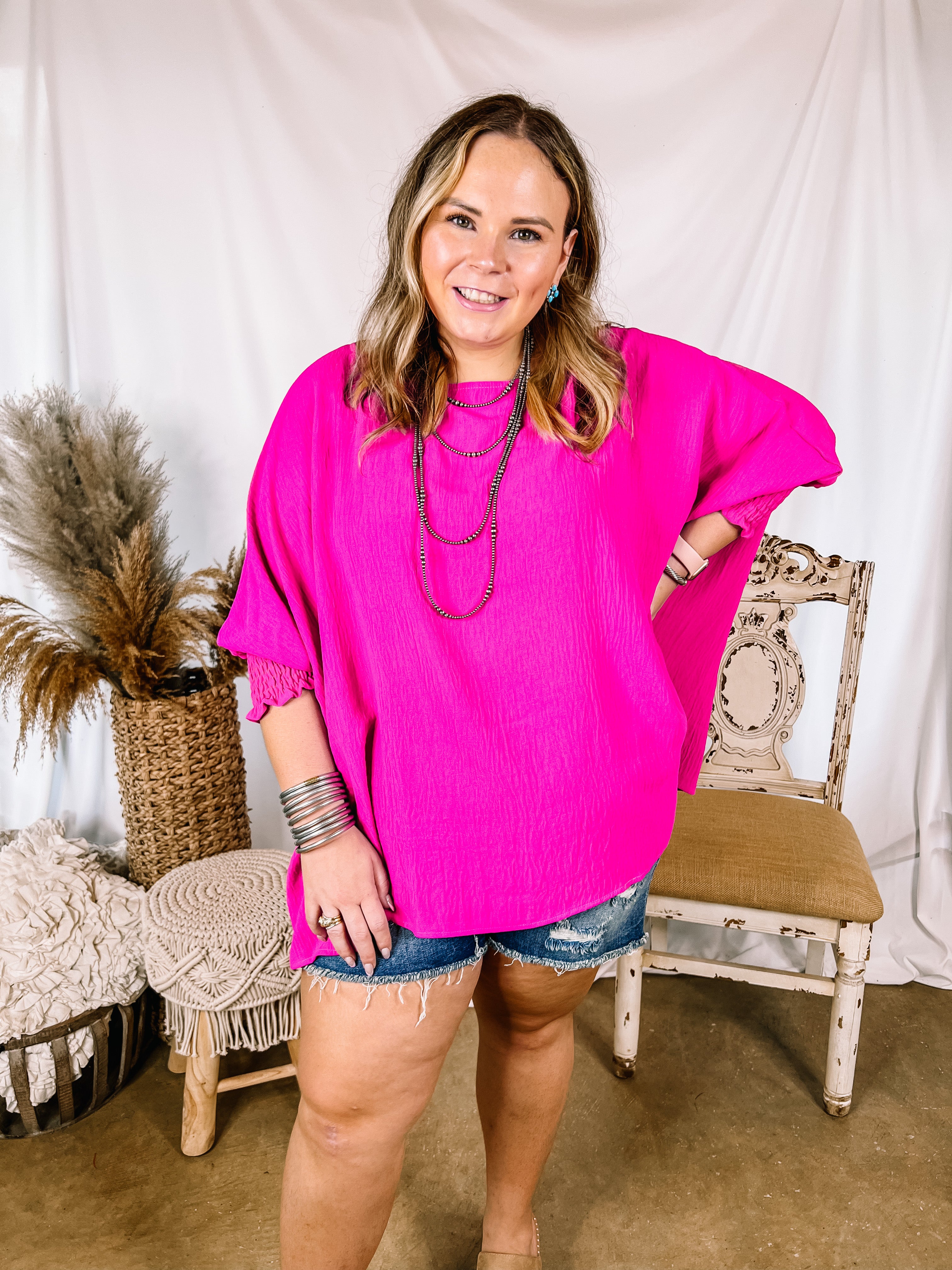 Growing and Glowing Smocked 3/4 Sleeve Oversized Blouse in Fuchsia Pink - Giddy Up Glamour Boutique