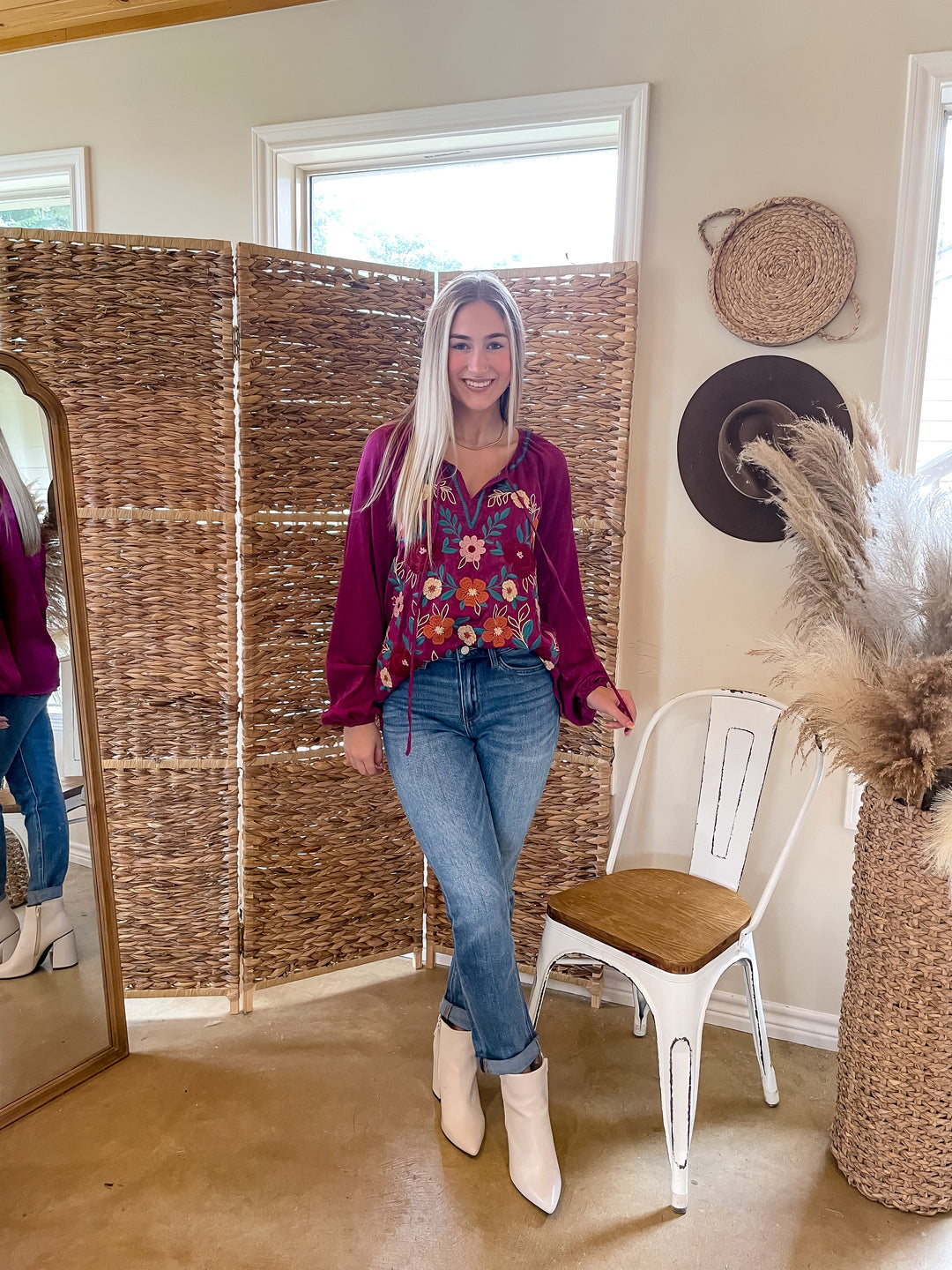 Savanna Jane | These Are The Days Long Sleeve Floral Embroidered Top in Magenta - Giddy Up Glamour Boutique