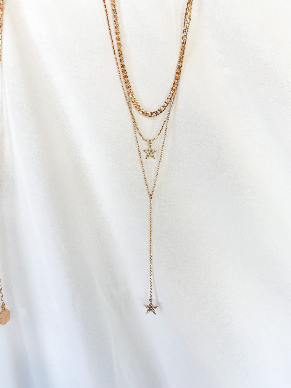 Three Strand Drop Chain Necklace with Crystal Star Pendants in Gold - Giddy Up Glamour Boutique