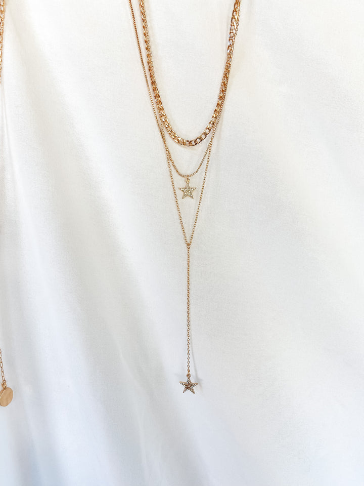 Three Strand Drop Chain Necklace with Crystal Star Pendants in Gold - Giddy Up Glamour Boutique