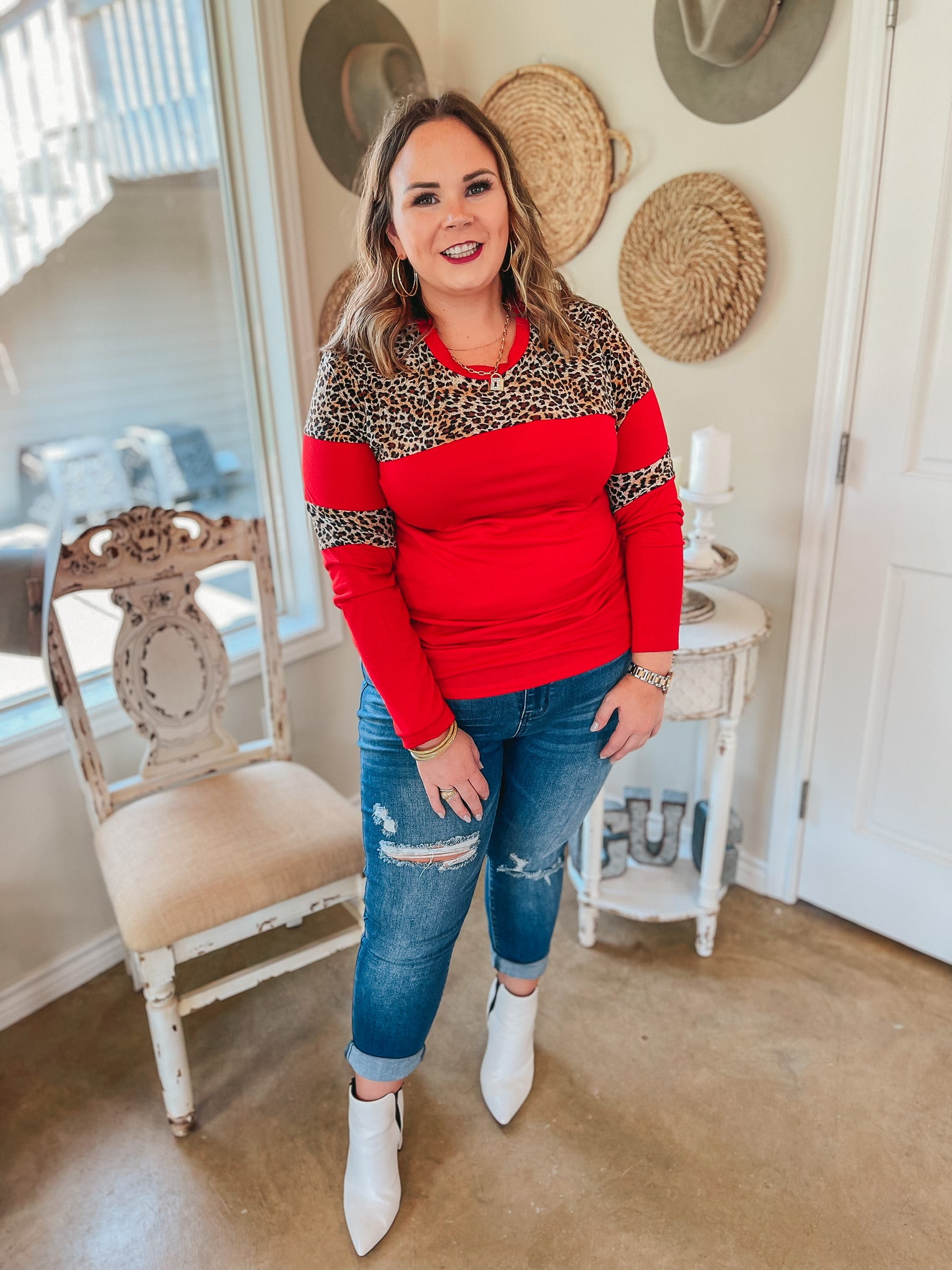 Get the Look Leopard Upper and Elbow Long Sleeve Top in Red - Giddy Up Glamour Boutique