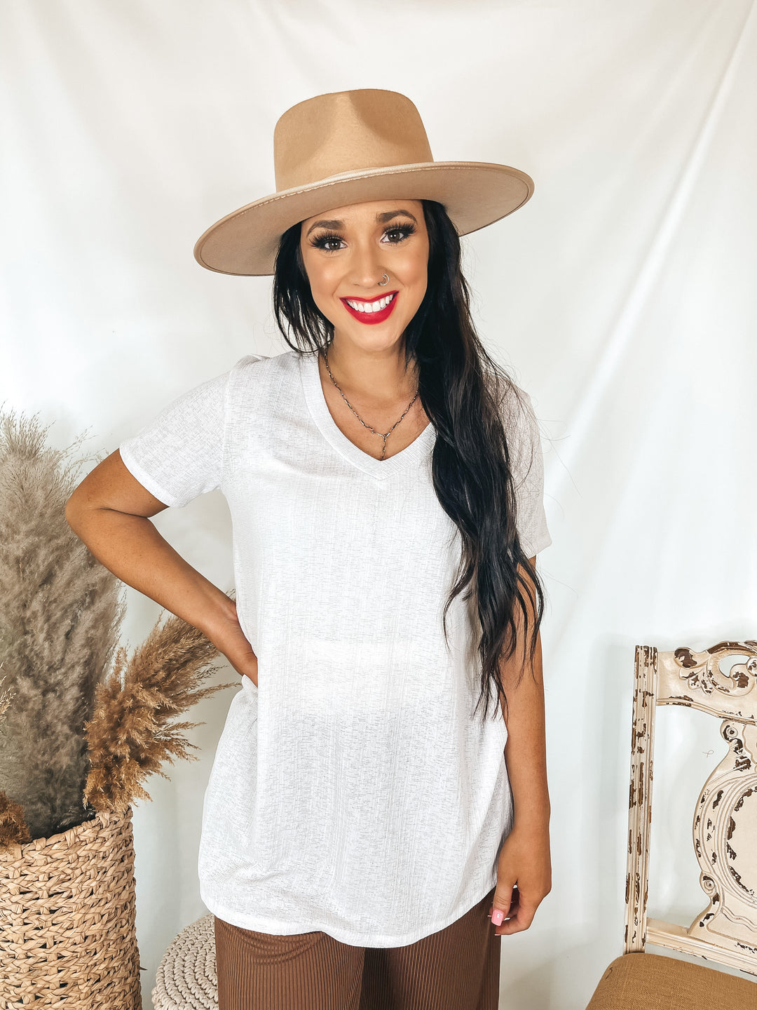 Looking For You Short Sleeve V Neck Top in White - Giddy Up Glamour Boutique
