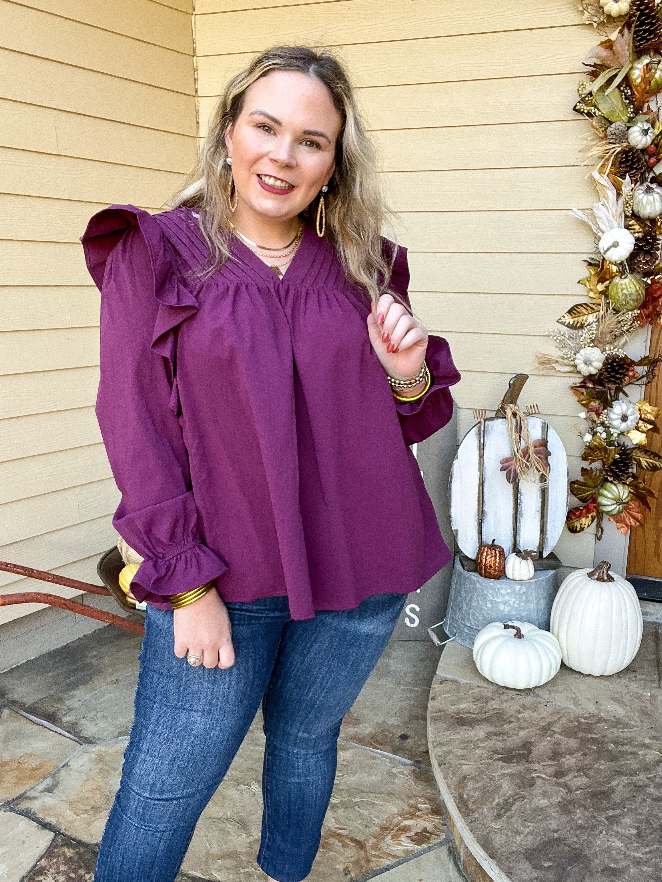 Coffee Perks Ruffle Detail Long Sleeve Top in Eggplant Purple - Giddy Up Glamour Boutique