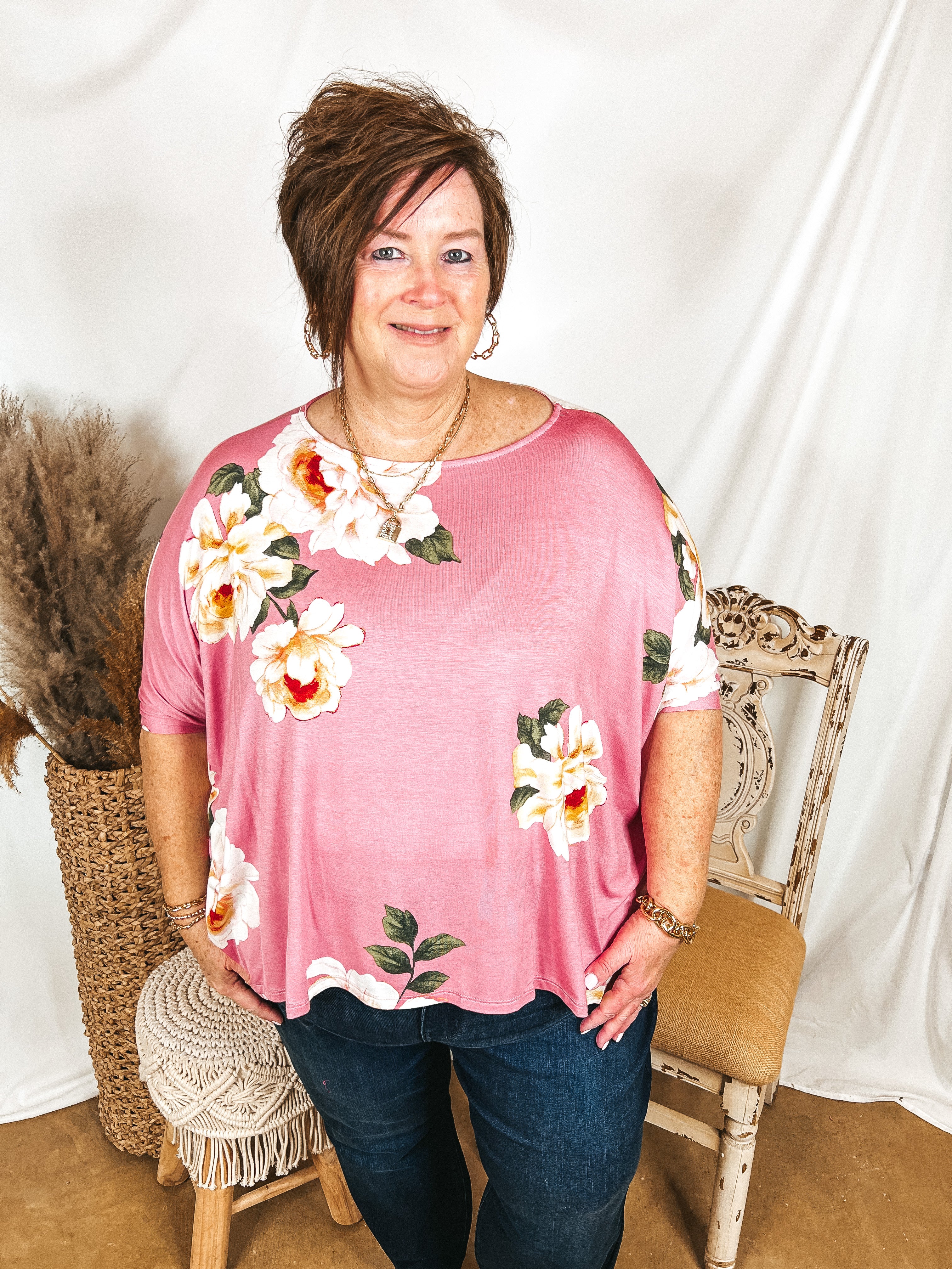 Somewhere Tropical Floral Print Poncho Top in Pink - Giddy Up Glamour Boutique