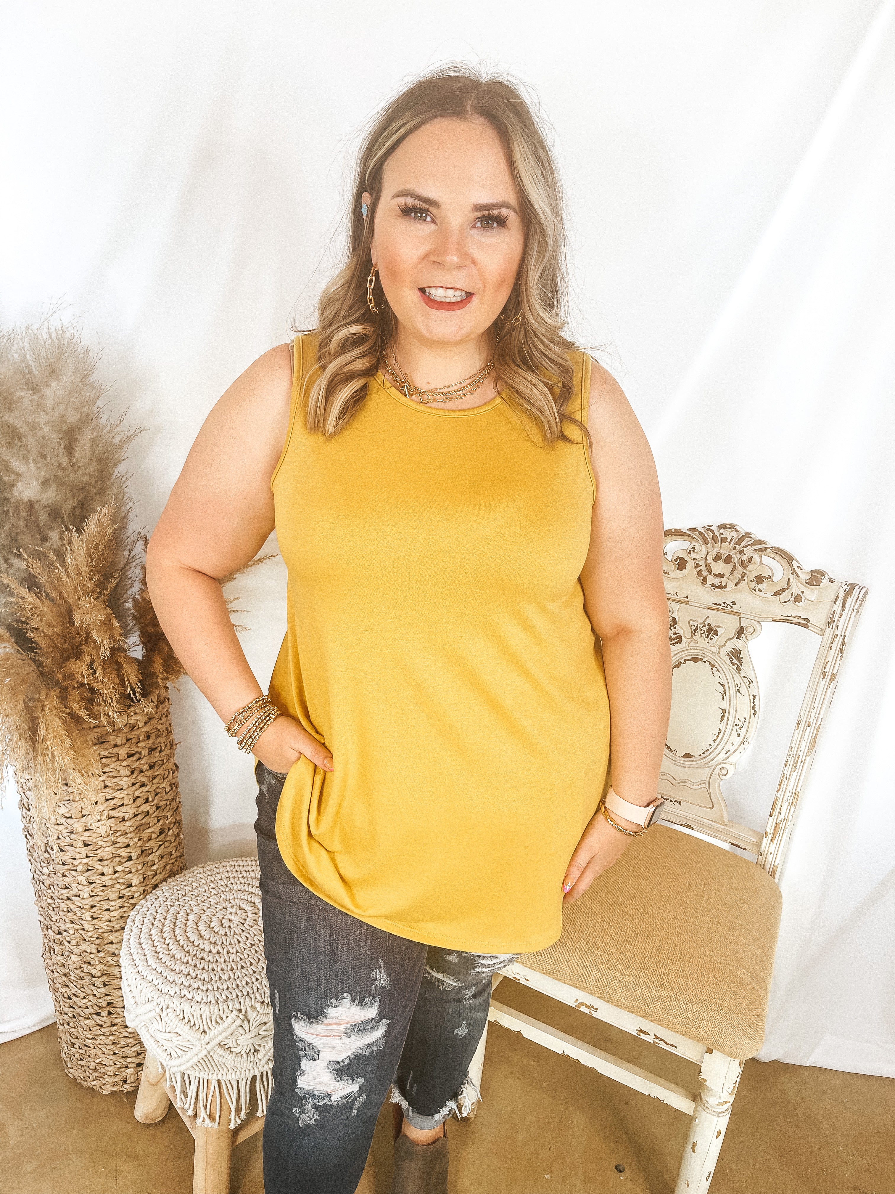 Give Me Joy Solid Knit A-Line Tank Top in Mustard Yellow - Giddy Up Glamour Boutique