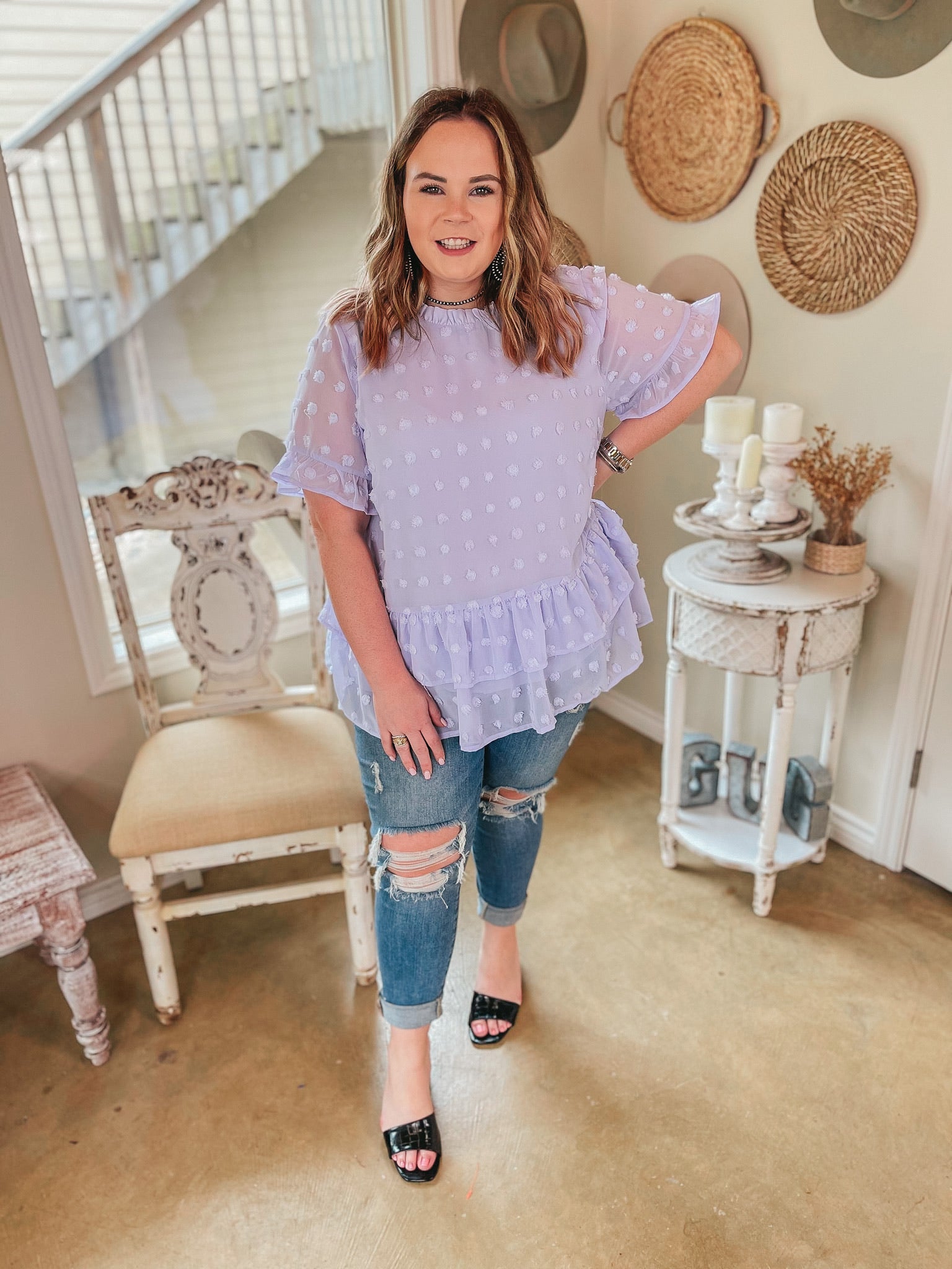 Last Chance Size S & L | Garden Graceful Swiss Dot Ruffle Peplum Top in Lavender - Giddy Up Glamour Boutique