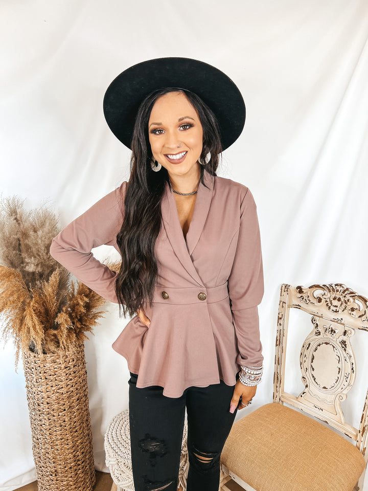 Rumored Romance Double Breasted Peplum Blazer Blouse in Mauve - Giddy Up Glamour Boutique
