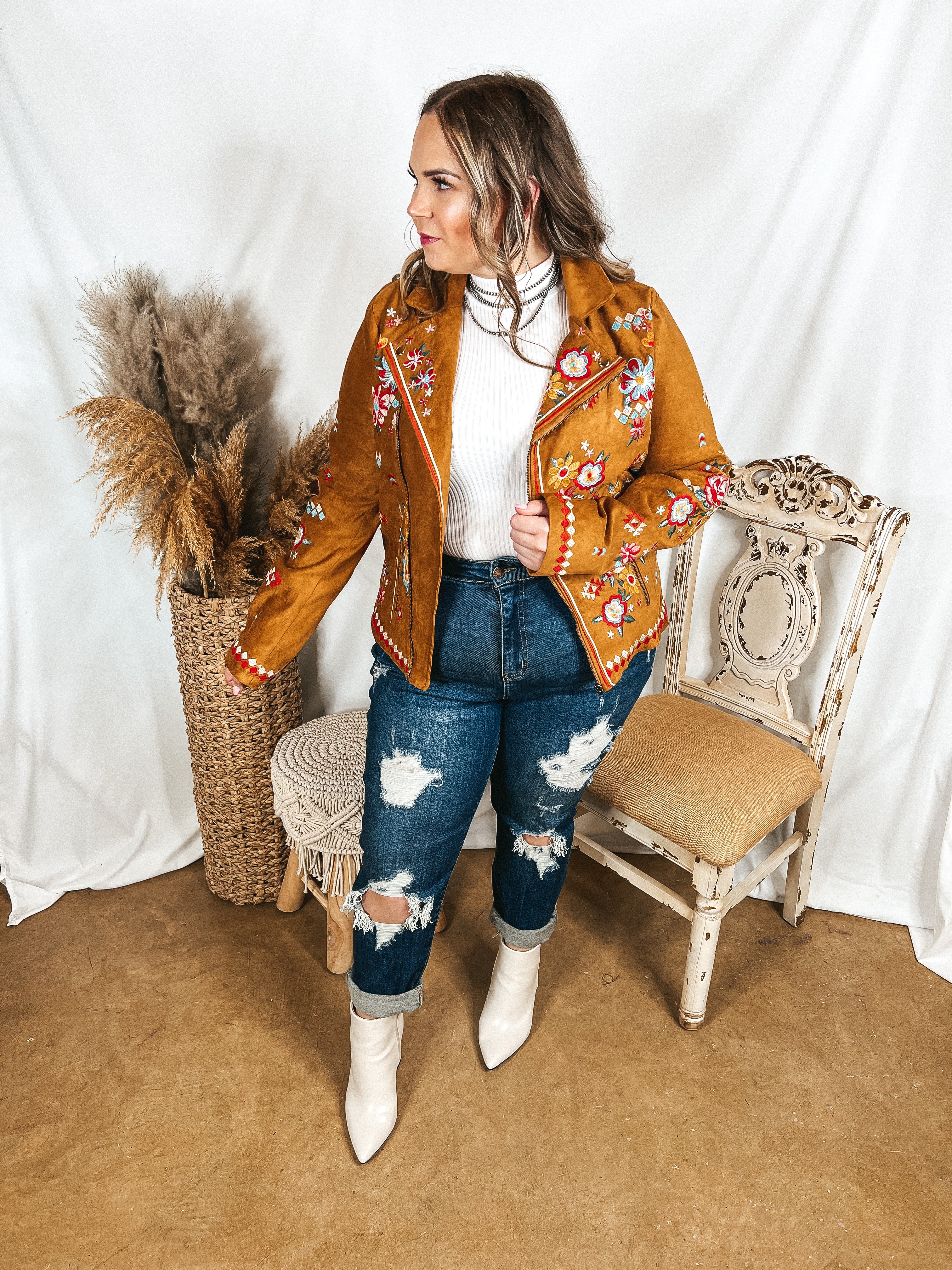 Wyoming Wind Embroidered Suede Jacket in Camel Brown - Giddy Up Glamour Boutique