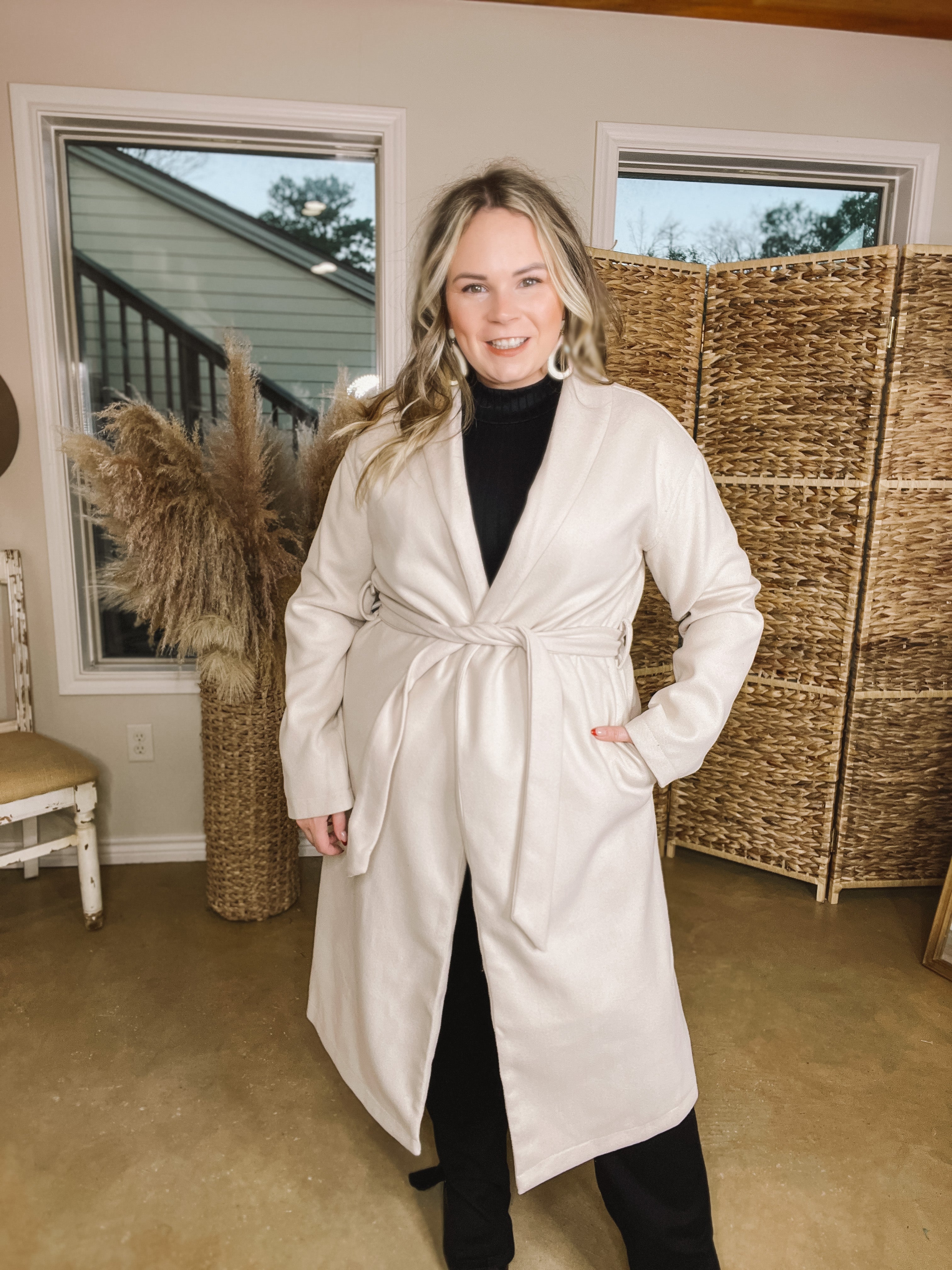 Hollywood Holiday Open Front Long Coat with Waist Tie in Beige - Giddy Up Glamour Boutique