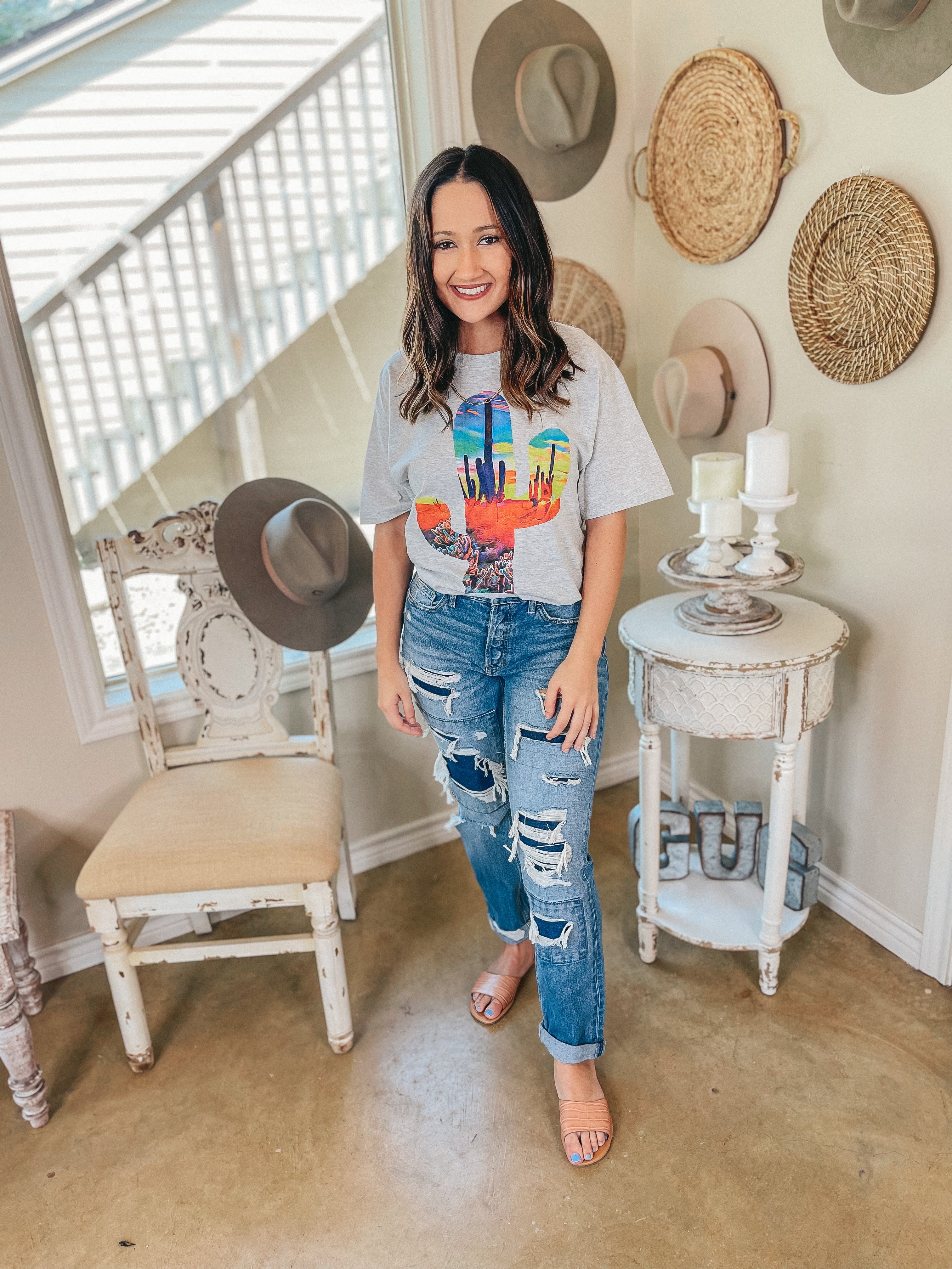 Painted Desert Saguaro Short Sleeve Graphic Tee in Heather Grey - Giddy Up Glamour Boutique
