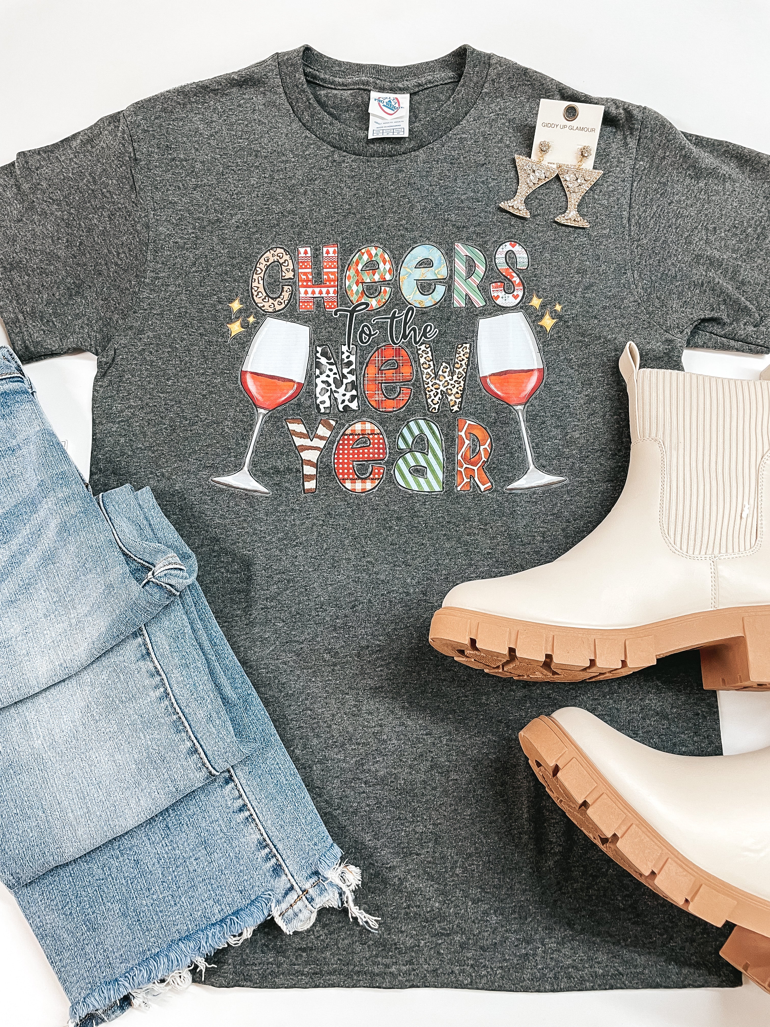 Cheers To The New Year Short Sleeve Graphic Tee in Charcoal Grey - Giddy Up Glamour Boutique