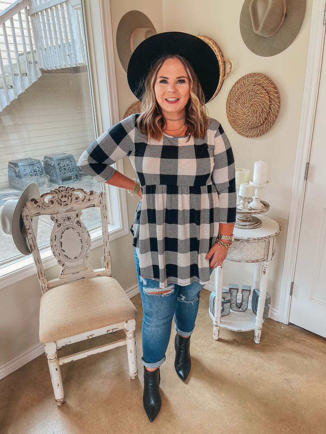As You Wish Buffalo Plaid Baby Doll Top in Ivory - Giddy Up Glamour Boutique