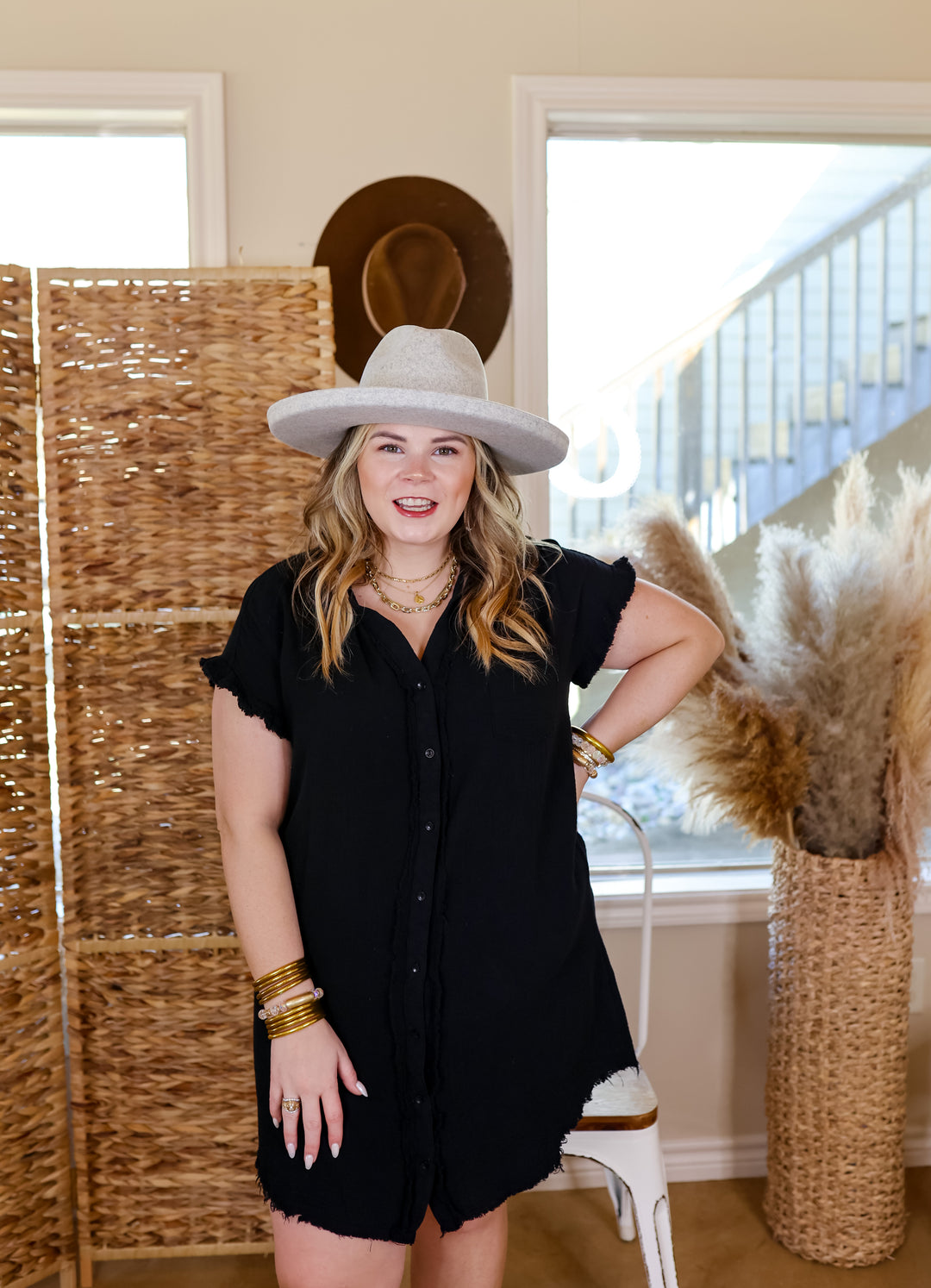 Spring Glow Button Up Raw Hem Dress in Black - Giddy Up Glamour Boutique