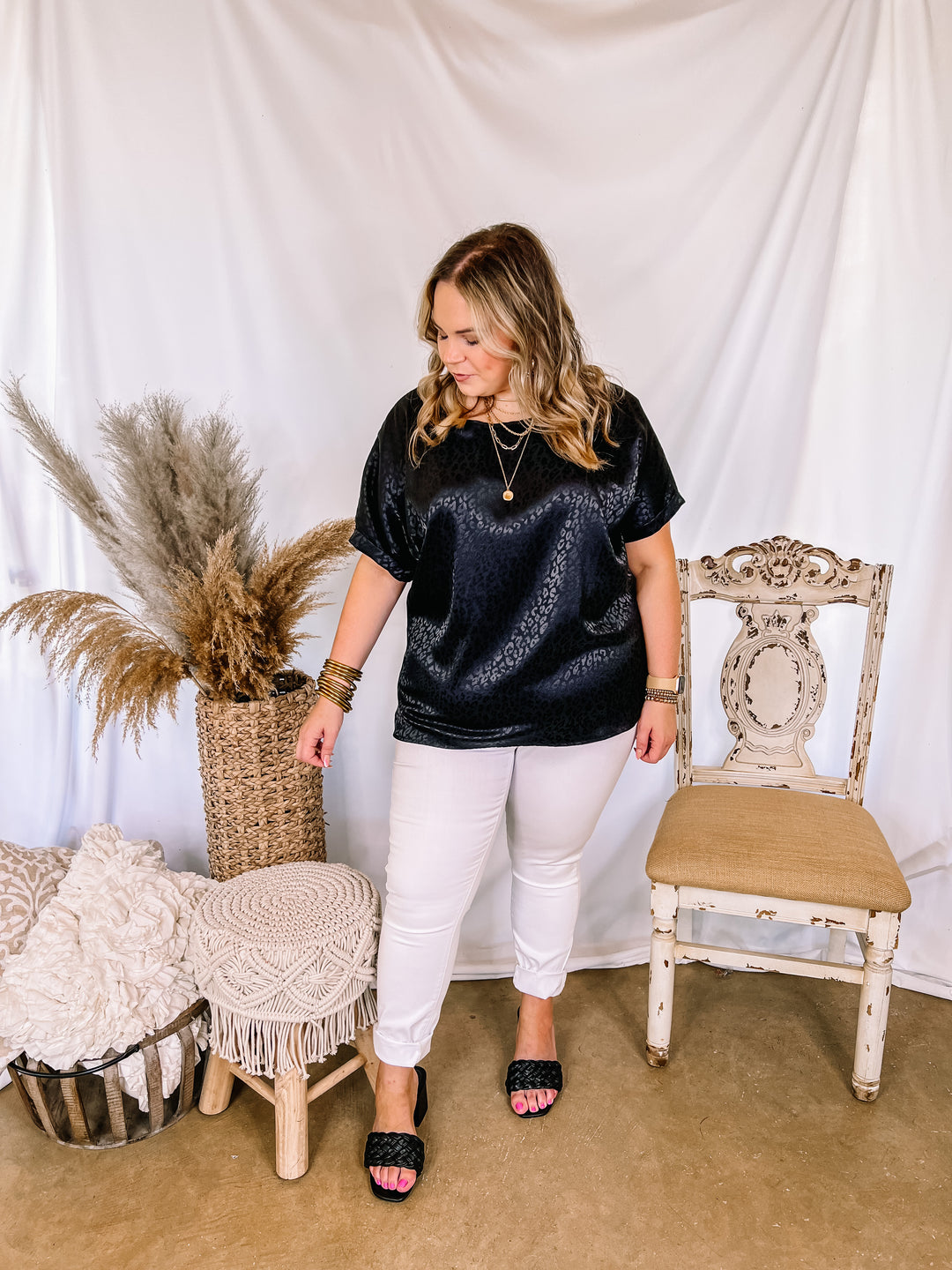 Complete Awe Short Sleeve Satin Leopard Print Top in Black - Giddy Up Glamour Boutique