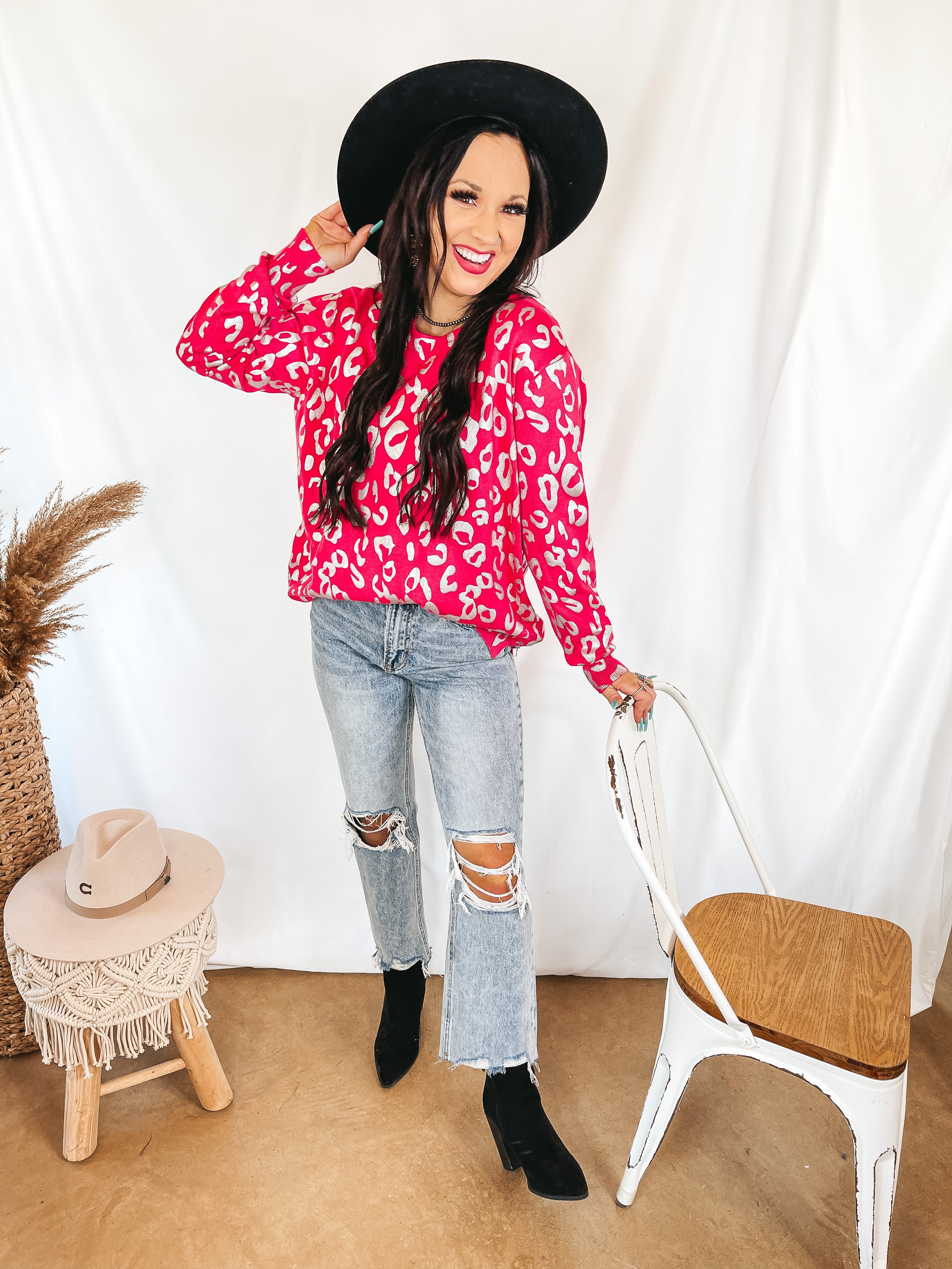 Trend Spotter Silver Metallic Leopard Print Sweater with Zipper Detail in Fuchsia Pink - Giddy Up Glamour Boutique