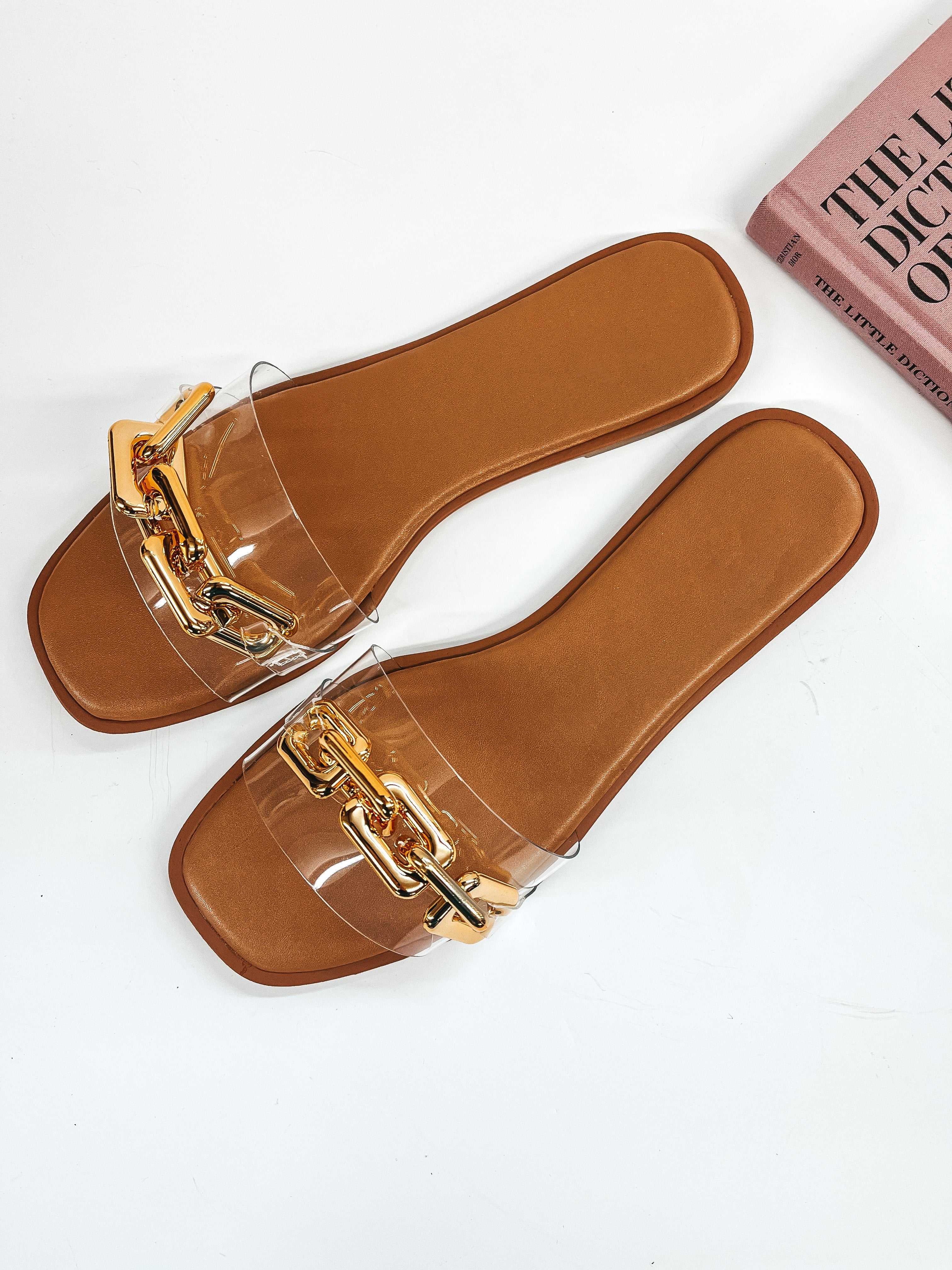 Resort Vibes Slide On Sandals with Gold Chain in Clear - Giddy Up Glamour Boutique