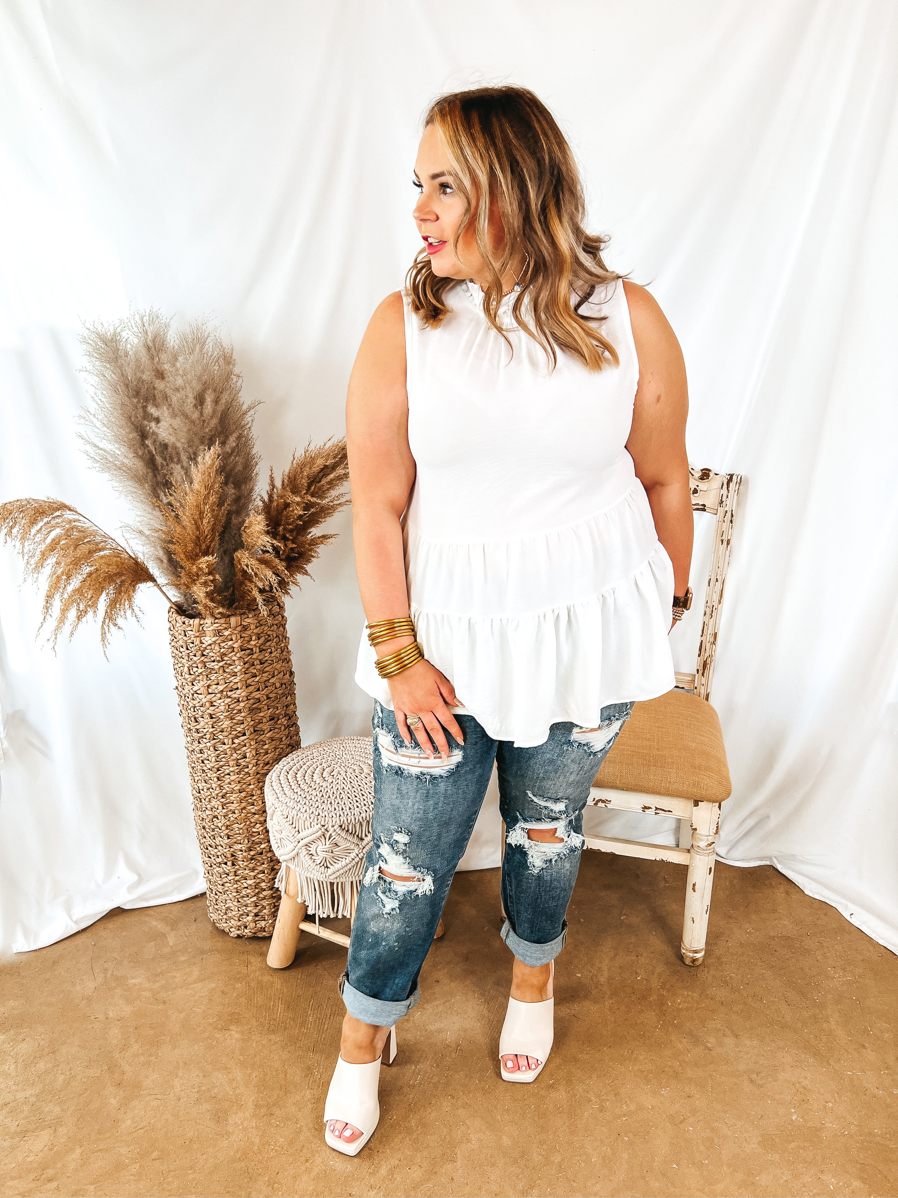 Days In the Sun High Neck Tiered Tank Top in White - Giddy Up Glamour Boutique