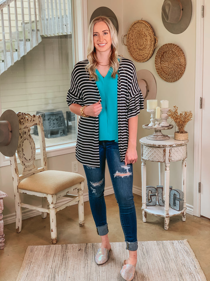 Cross My Mind Stripe Cardigan with Ruffle Sleeves in Black - Giddy Up Glamour Boutique
