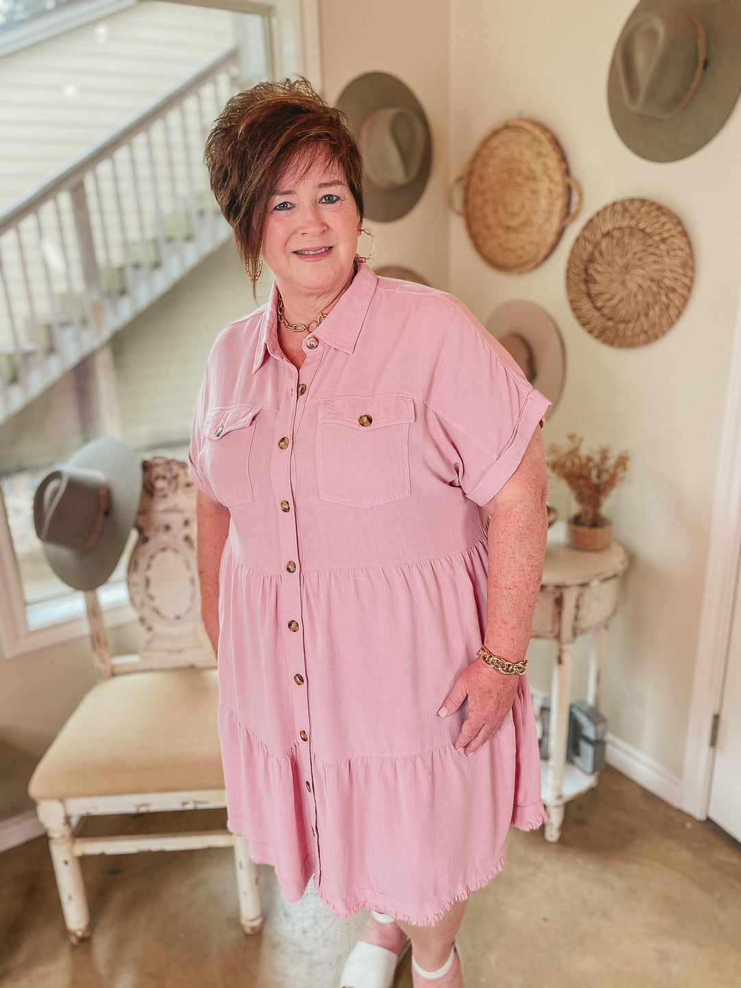 Oh Darling Ruffle Tiered Button Up Dress in Pink - Giddy Up Glamour Boutique