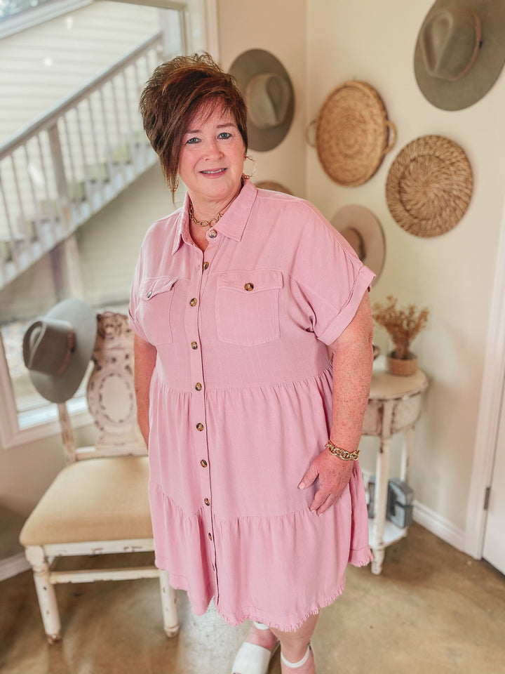 Oh Darling Ruffle Tiered Button Up Dress in Pink - Giddy Up Glamour Boutique