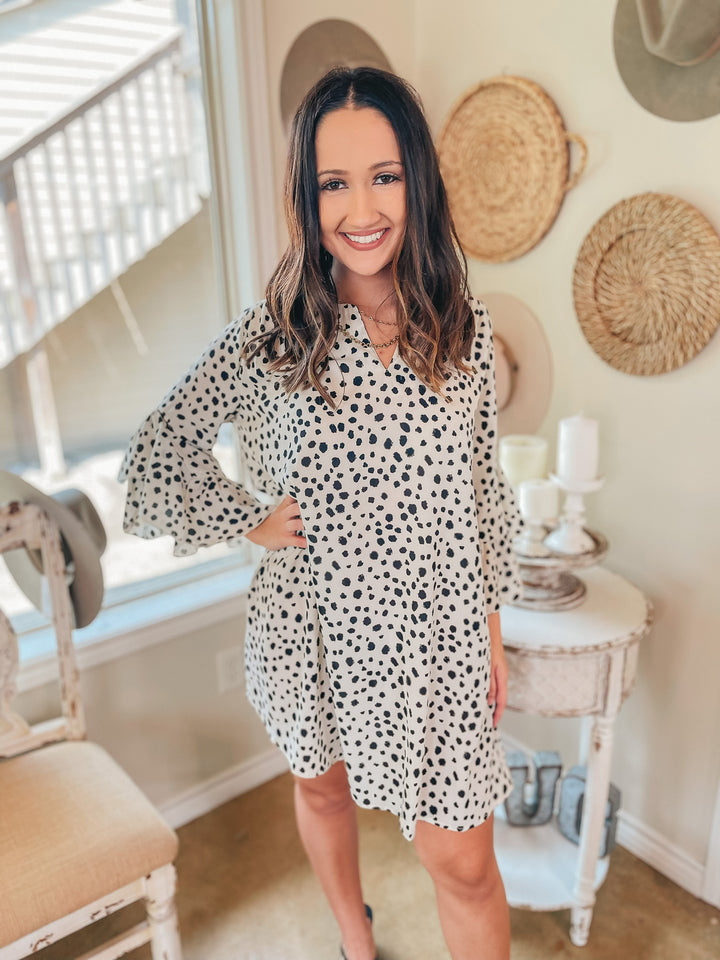 It's A Date Notched V-Neck Dotted Dress with Bell Sleeves in Ivory - Giddy Up Glamour Boutique