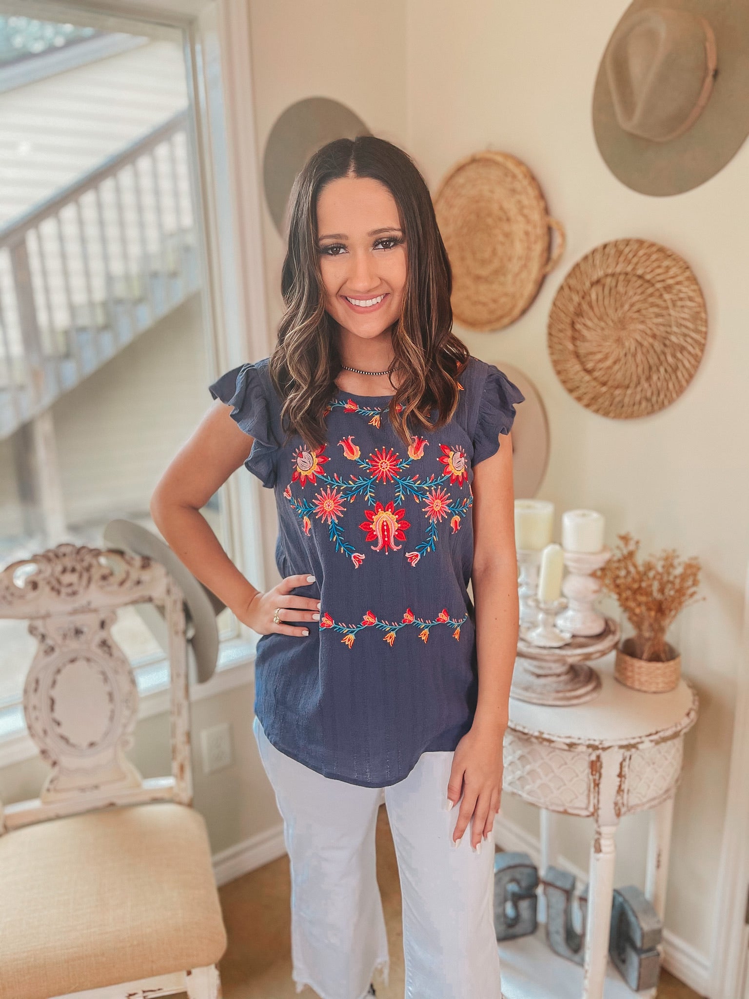 Easily Enchanted Floral Embroidered Ruffle Cap Sleeve Top in Dusty Navy - Giddy Up Glamour Boutique