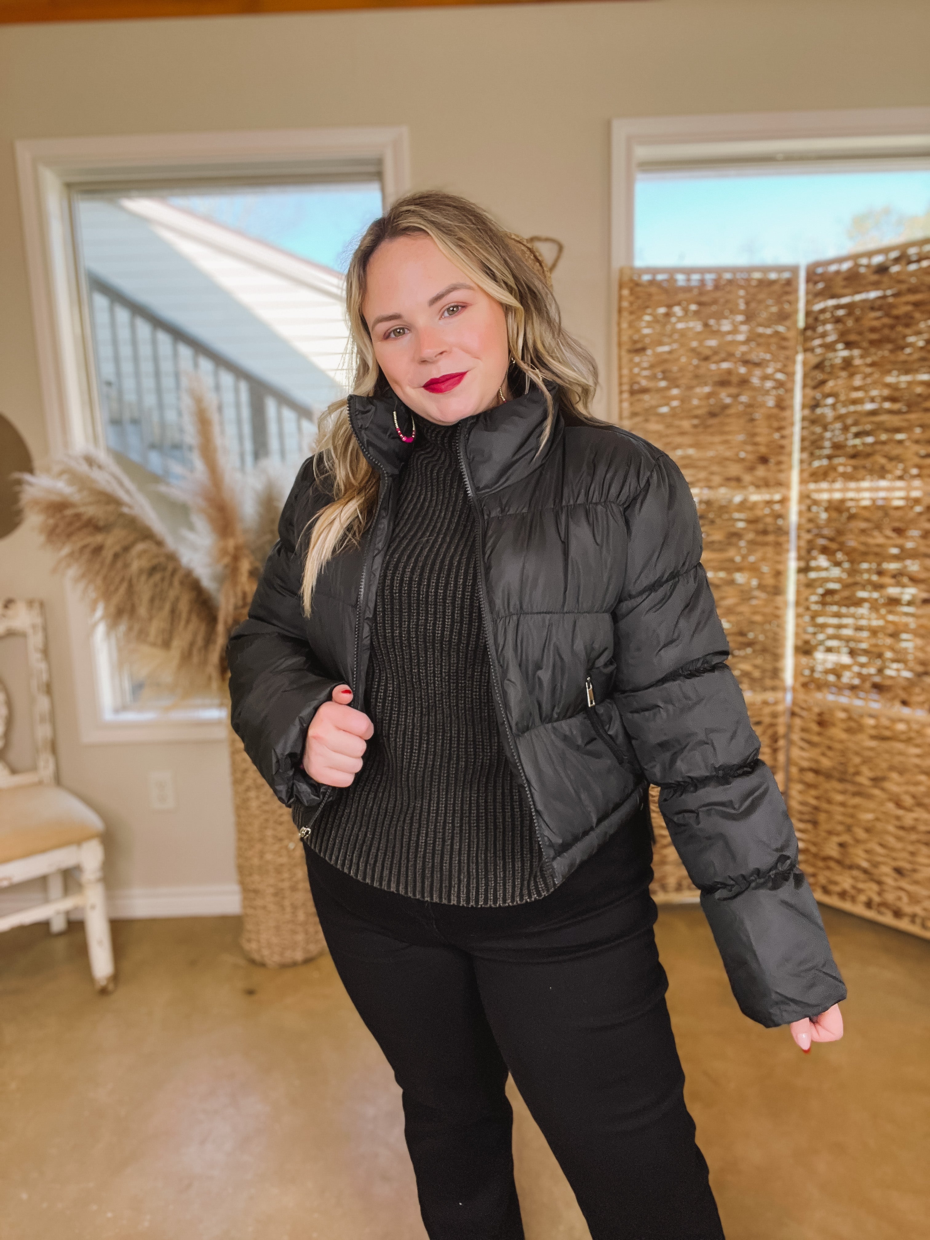 Wrapped In Cozy Cropped Puffer Jacket in Black - Giddy Up Glamour Boutique