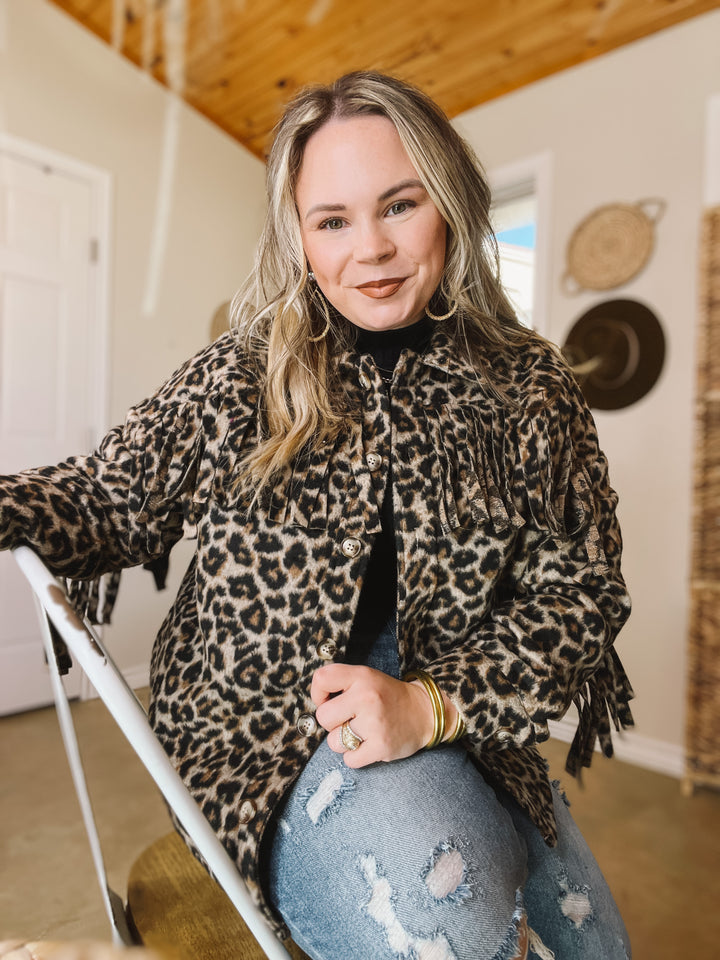 Take Over Leopard Print Button Up Jacket with Fringe in Brown - Giddy Up Glamour Boutique