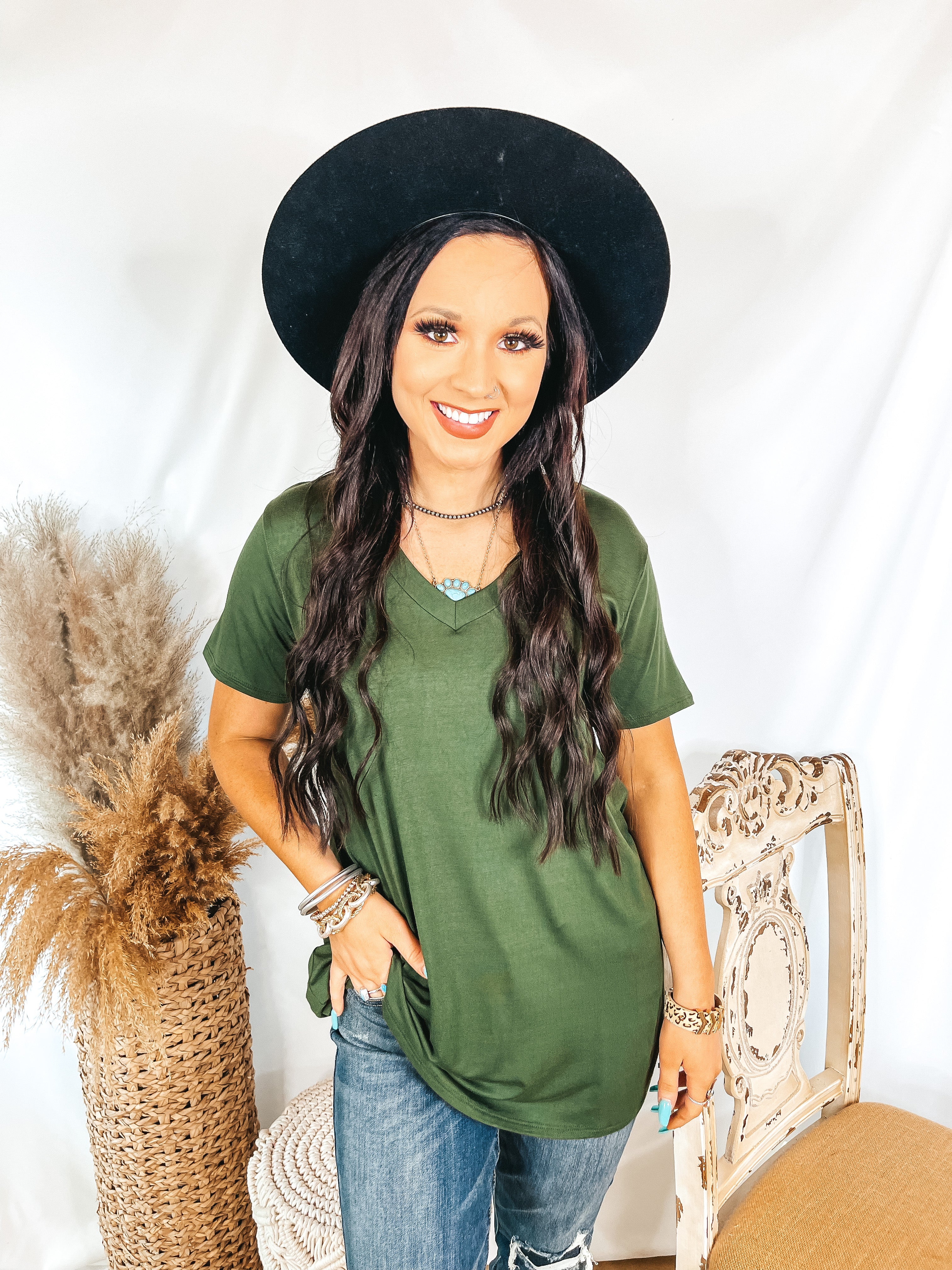 It's That Simple Solid V Neck Tee in Fern Green - Giddy Up Glamour Boutique