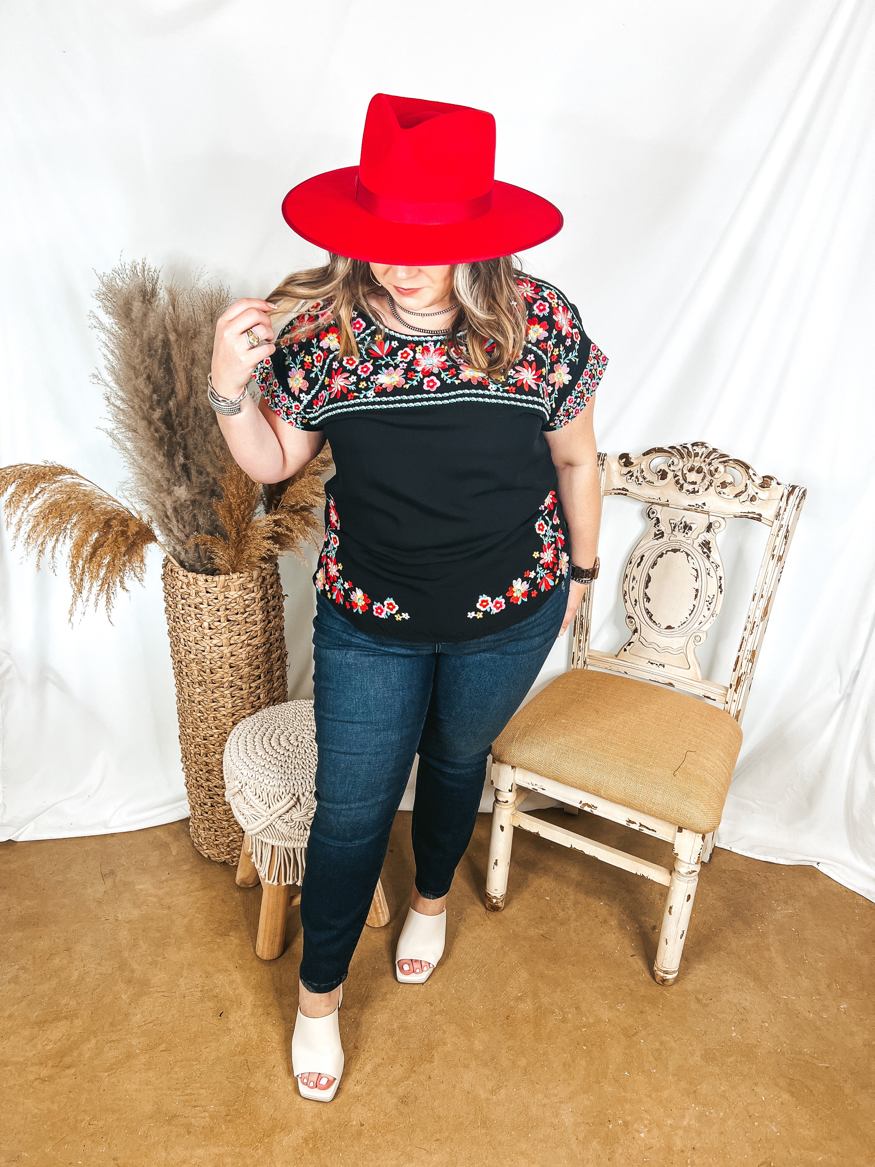 Sunny Sweetheart Floral Embroidered Cap Sleeve Top in Black - Giddy Up Glamour Boutique
