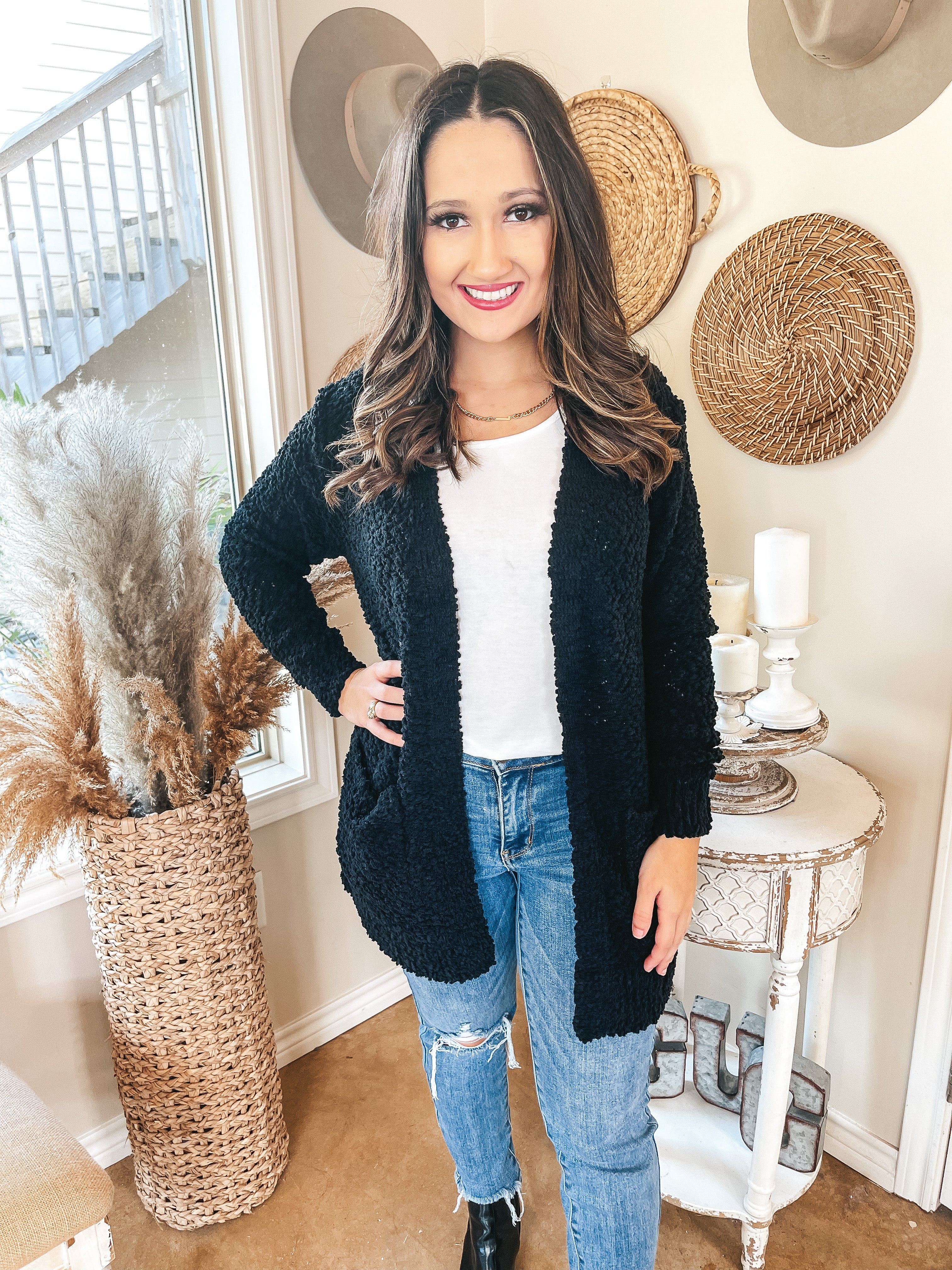 Cozy and Confident Popcorn Knit Sweater in Black - Giddy Up Glamour Boutique