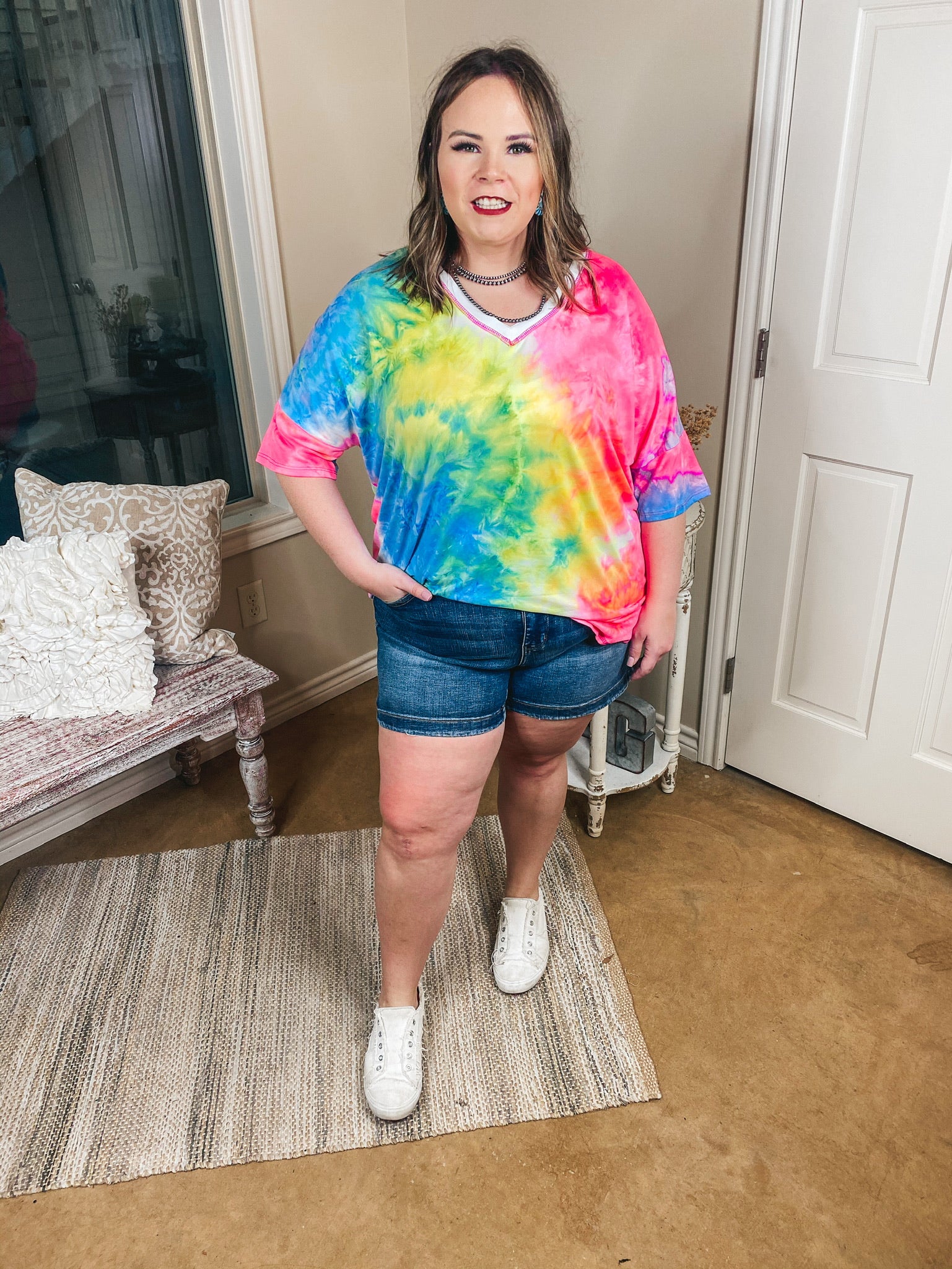 Last Chance Size Small & Med. | Bright Forecasts Tie Dye V Neck Top in Neon Pink, Yellow, and Blue - Giddy Up Glamour Boutique