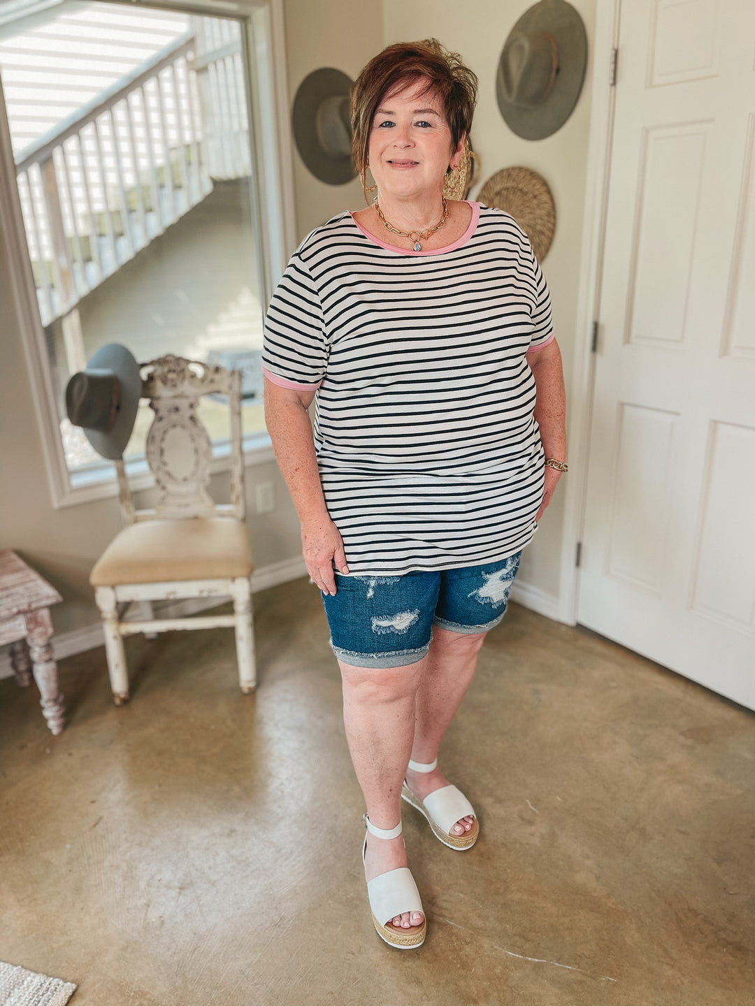 Sunday Drive Black and Ivory Striped Short Sleeve Top with Pink Trim - Giddy Up Glamour Boutique