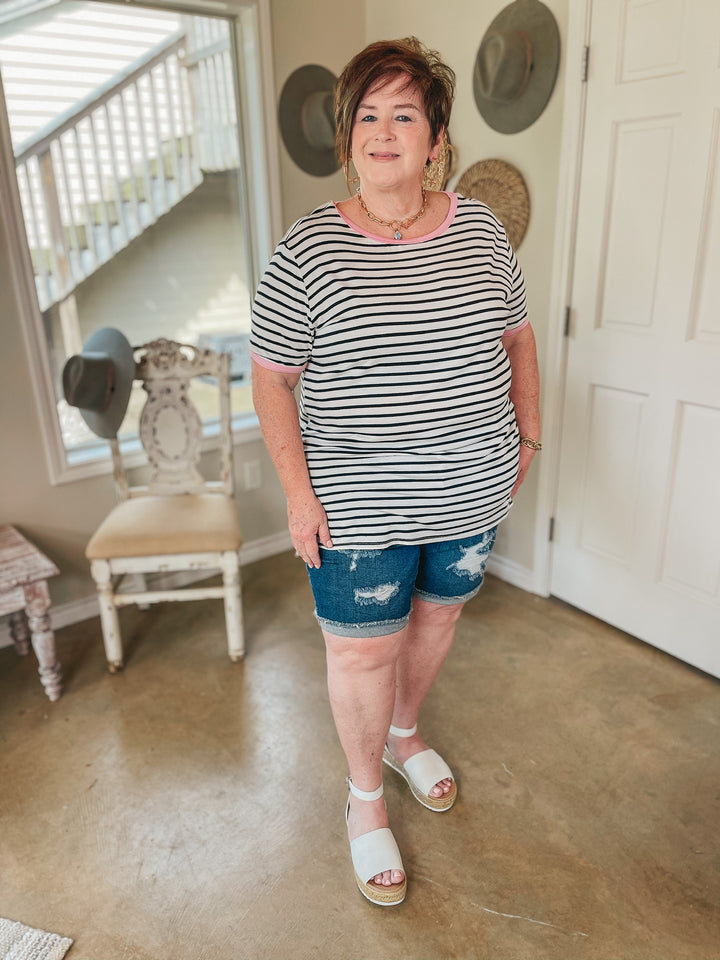 Sunday Drive Black and Ivory Striped Short Sleeve Top with Pink Trim - Giddy Up Glamour Boutique